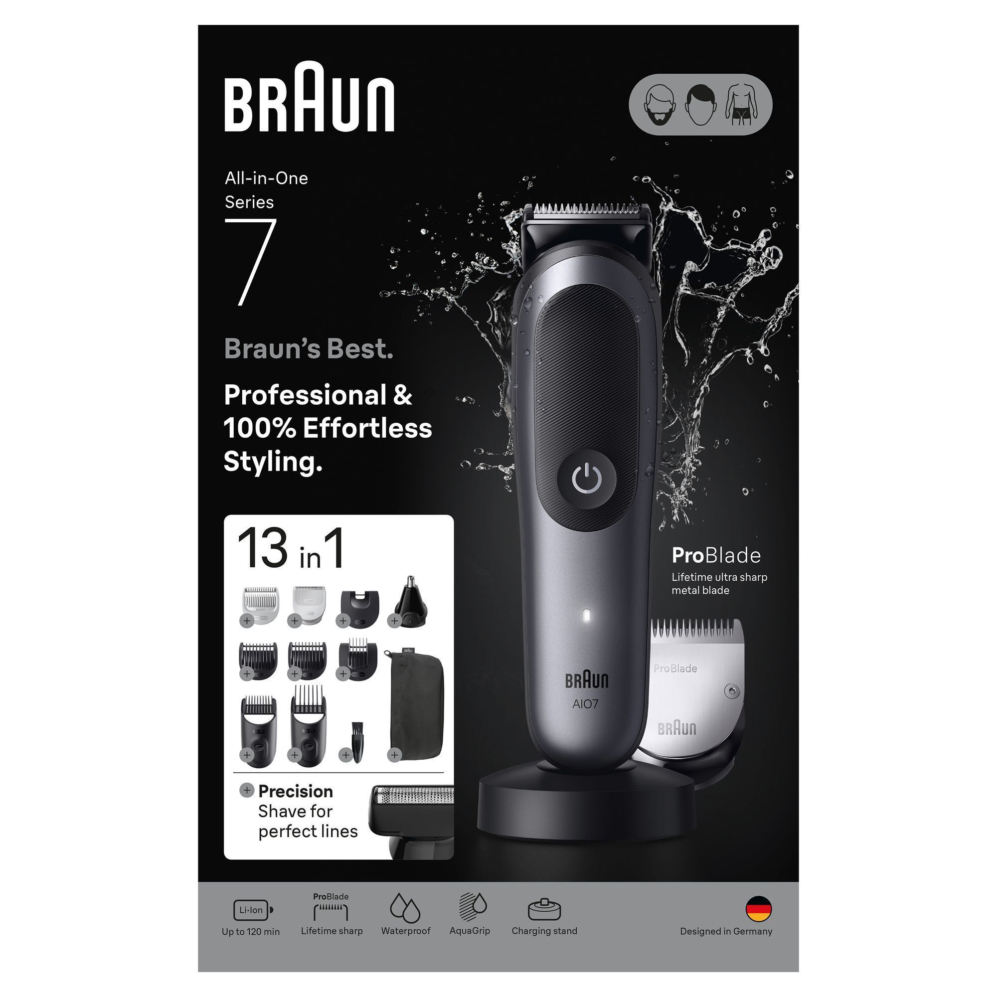 Braun All-in-One Series 7 Trimmer mit Verpackung, die "13 in 1" Zubehör und ProBlade mit "Lifetime ultra sharp metal blade" hervorhebt.
