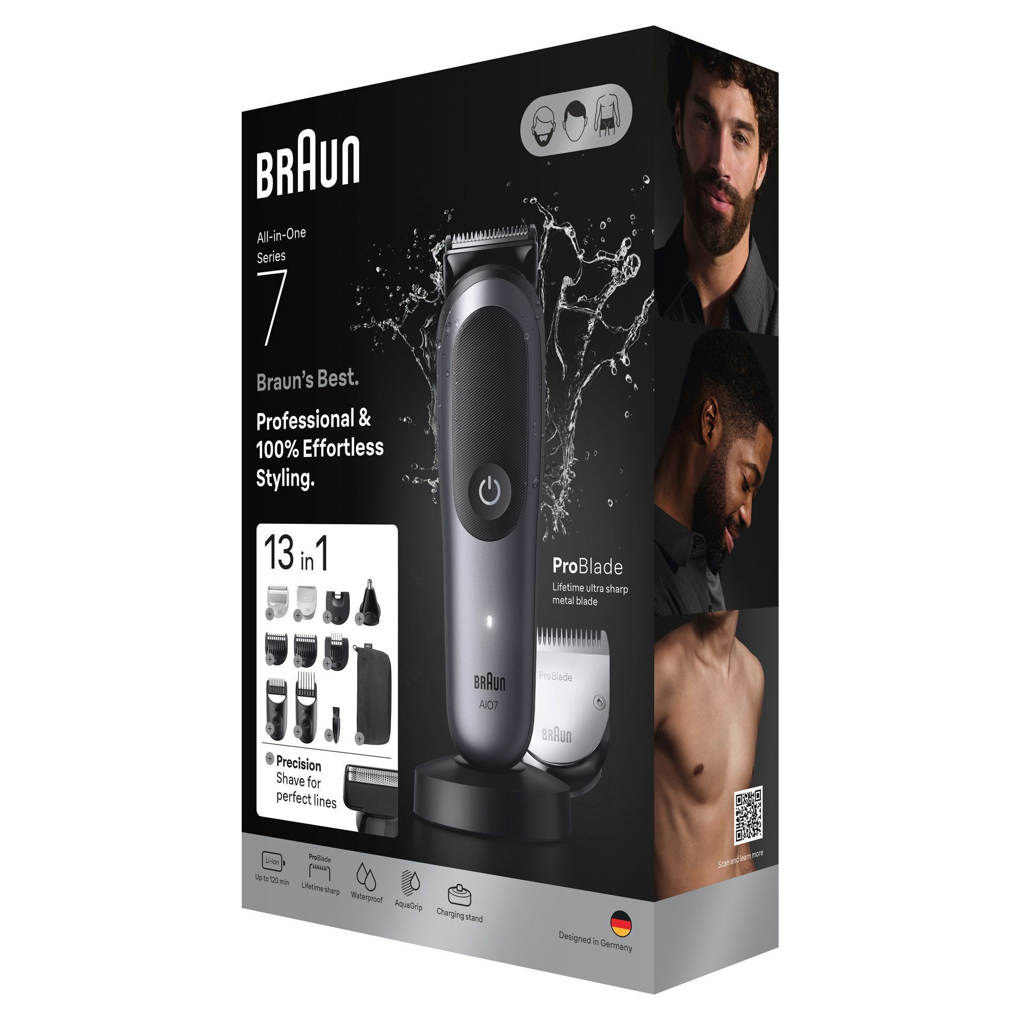 Braun All-in-One Series 7 Trimmer mit Verpackung, die "13 in 1" Zubehör und ProBlade-Technologie hervorhebt.