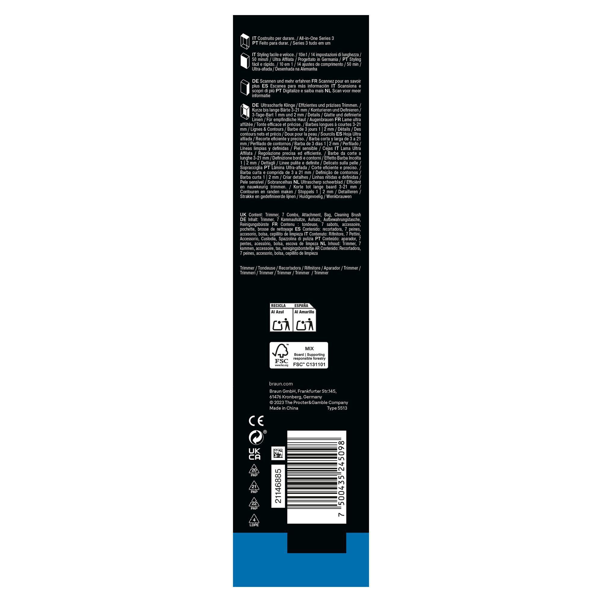 Braun Trimmer Verpackung, die die ultrascharfe Klinge für effizientes und präzises Trimmen kurzer bis langer Bärte von 3-21 mm hervorhebt.
