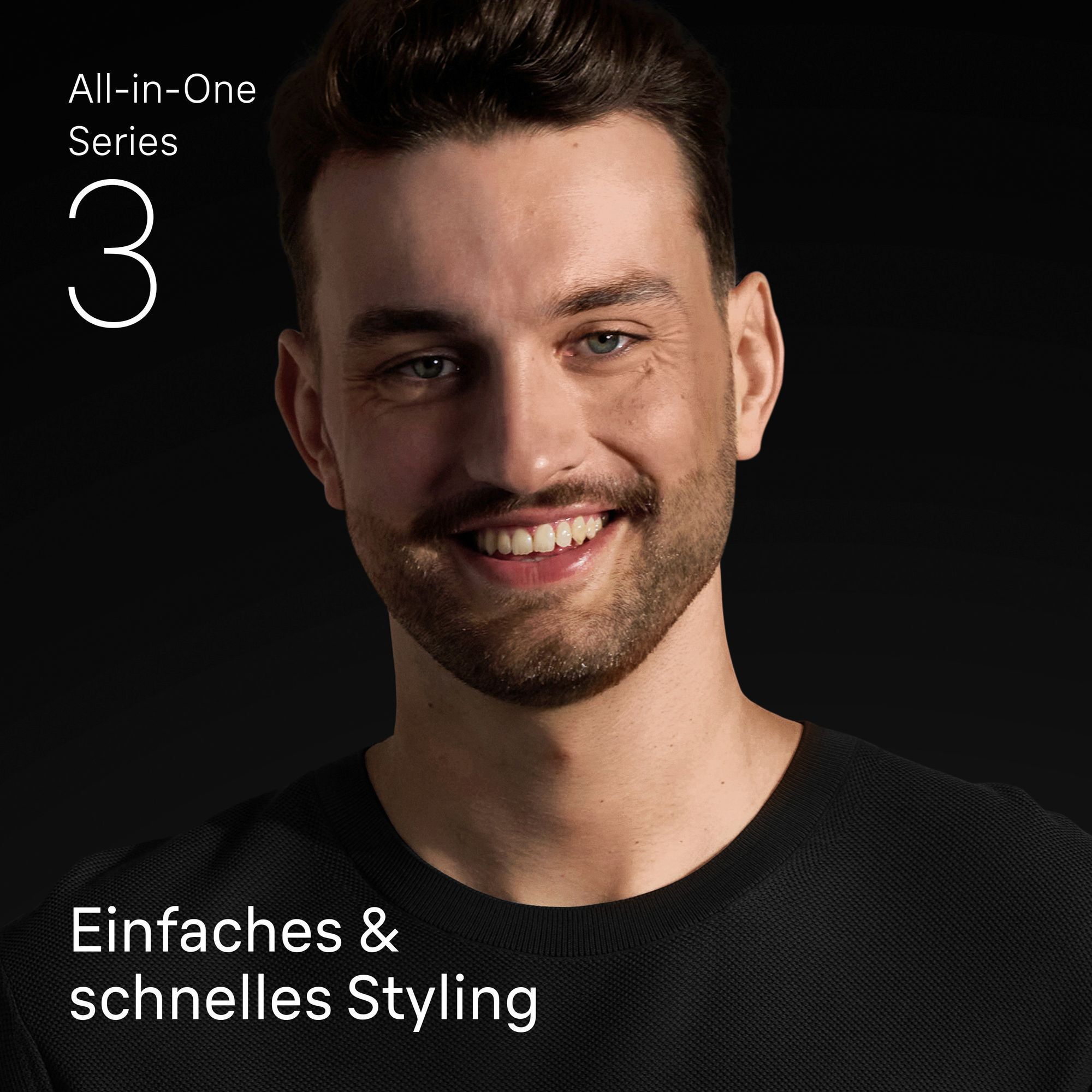Mann mit gepflegtem Bart lächelt, beworben wird einfaches und schnelles Styling mit der Braun All-in-One Series 3.
