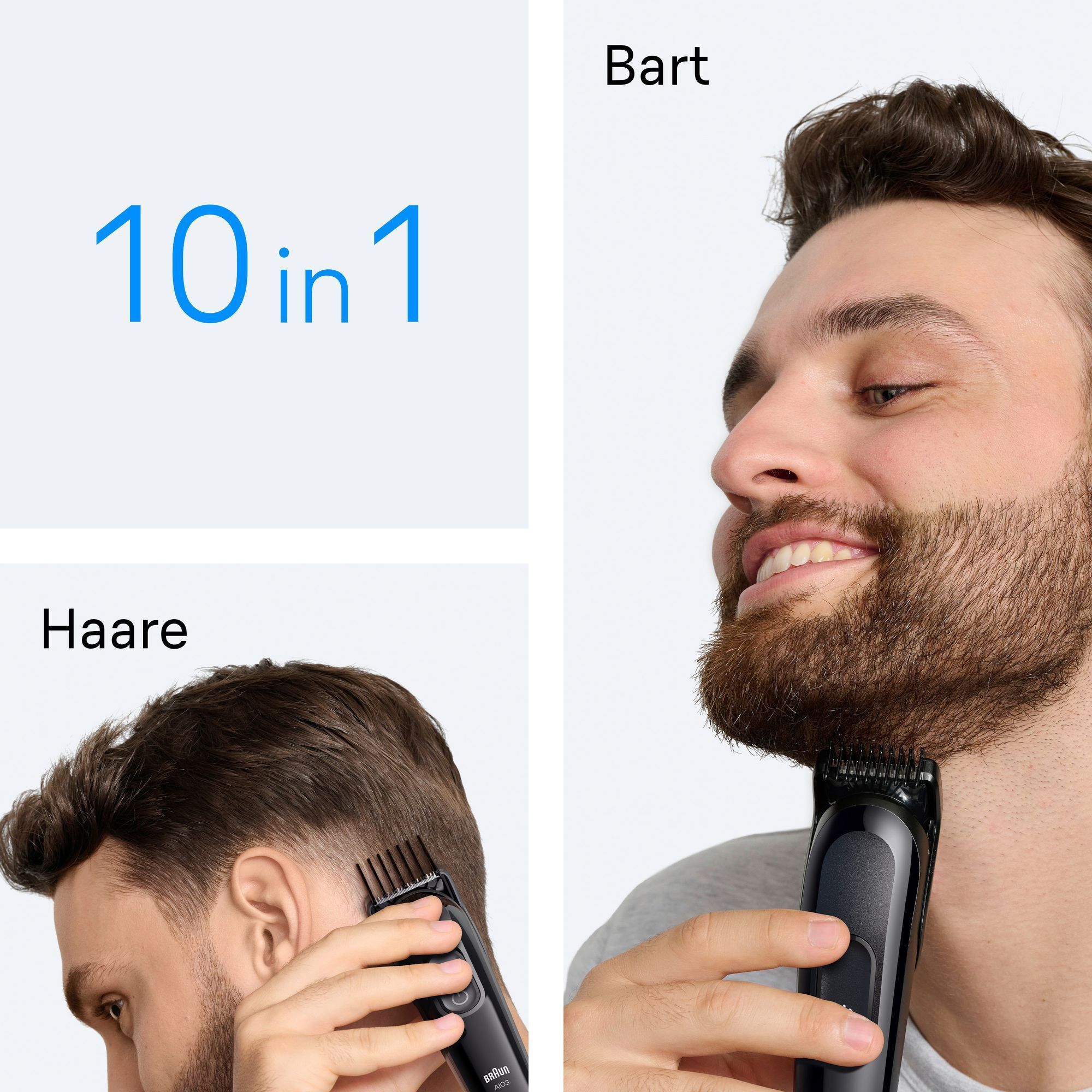 Braun Trimmer im Einsatz für Bartstyling und Haarschnitt, bewirbt die 10-in-1 Funktionalität.