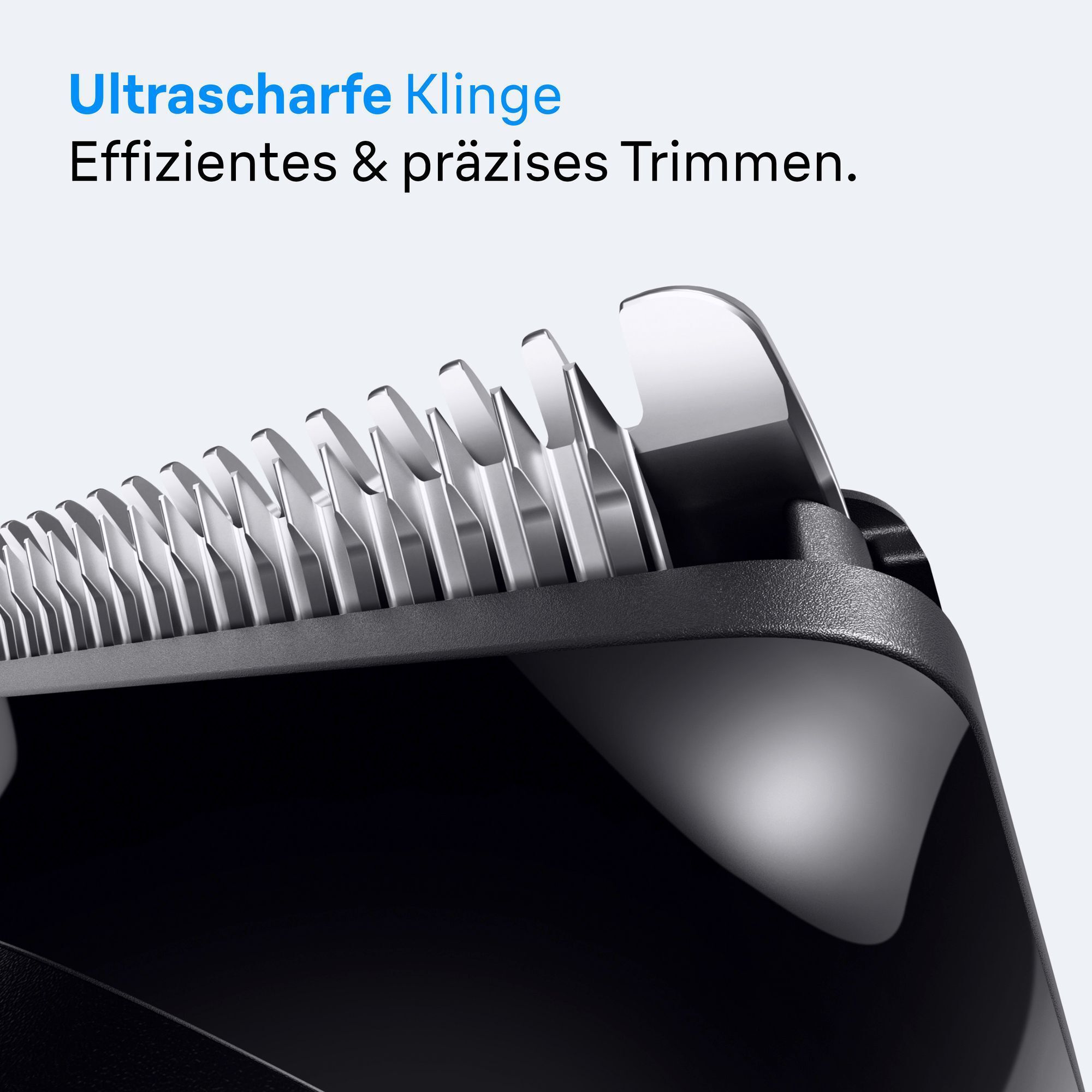 Braun Trimmer mit ultrascharfer Klinge für effizientes und präzises Trimmen, hervorgehoben durch Nahaufnahme der Klingen.