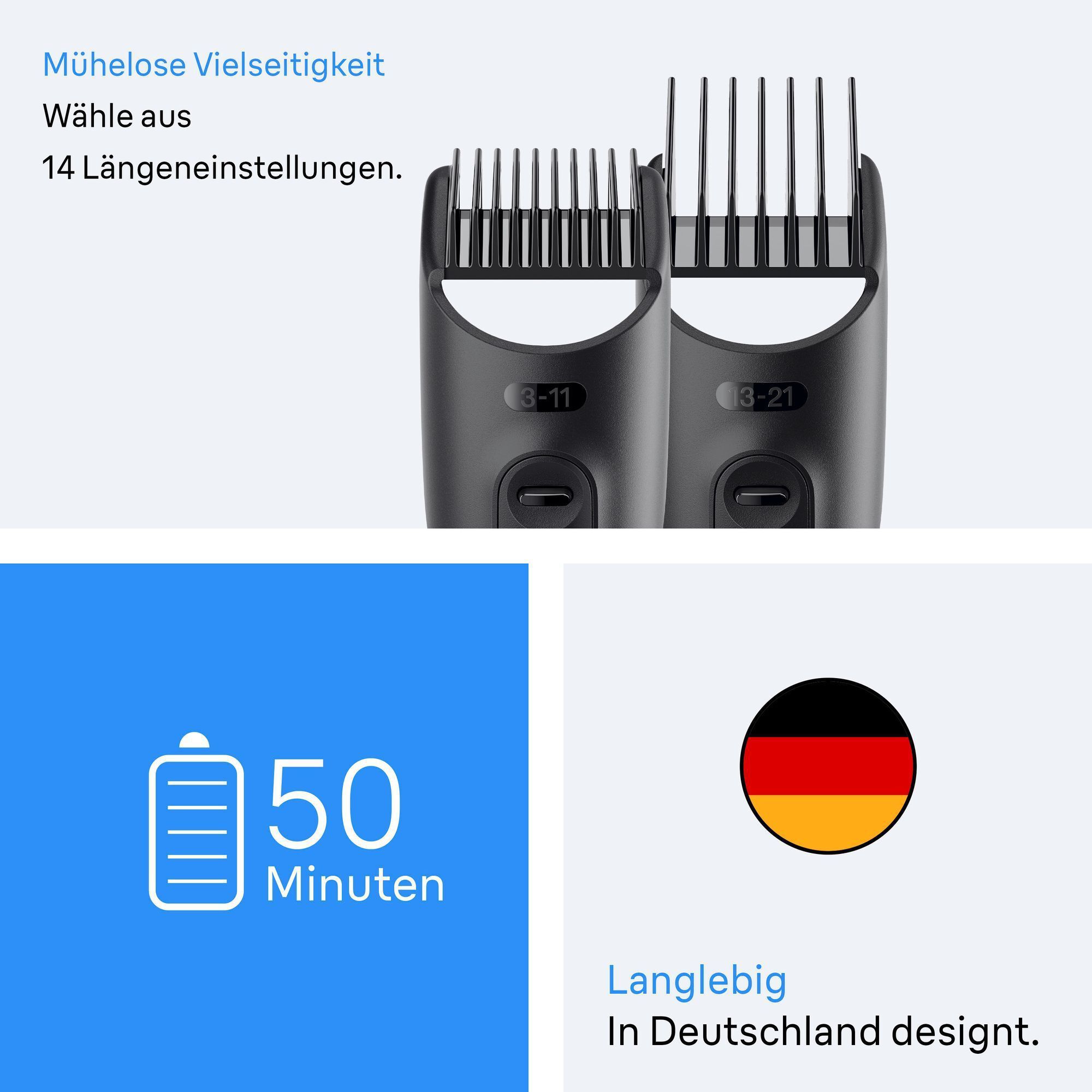 Braun Bartschneider Aufsätze ermöglichen 14 verschiedene Längeneinstellungen für mühelose Vielseitigkeit.
