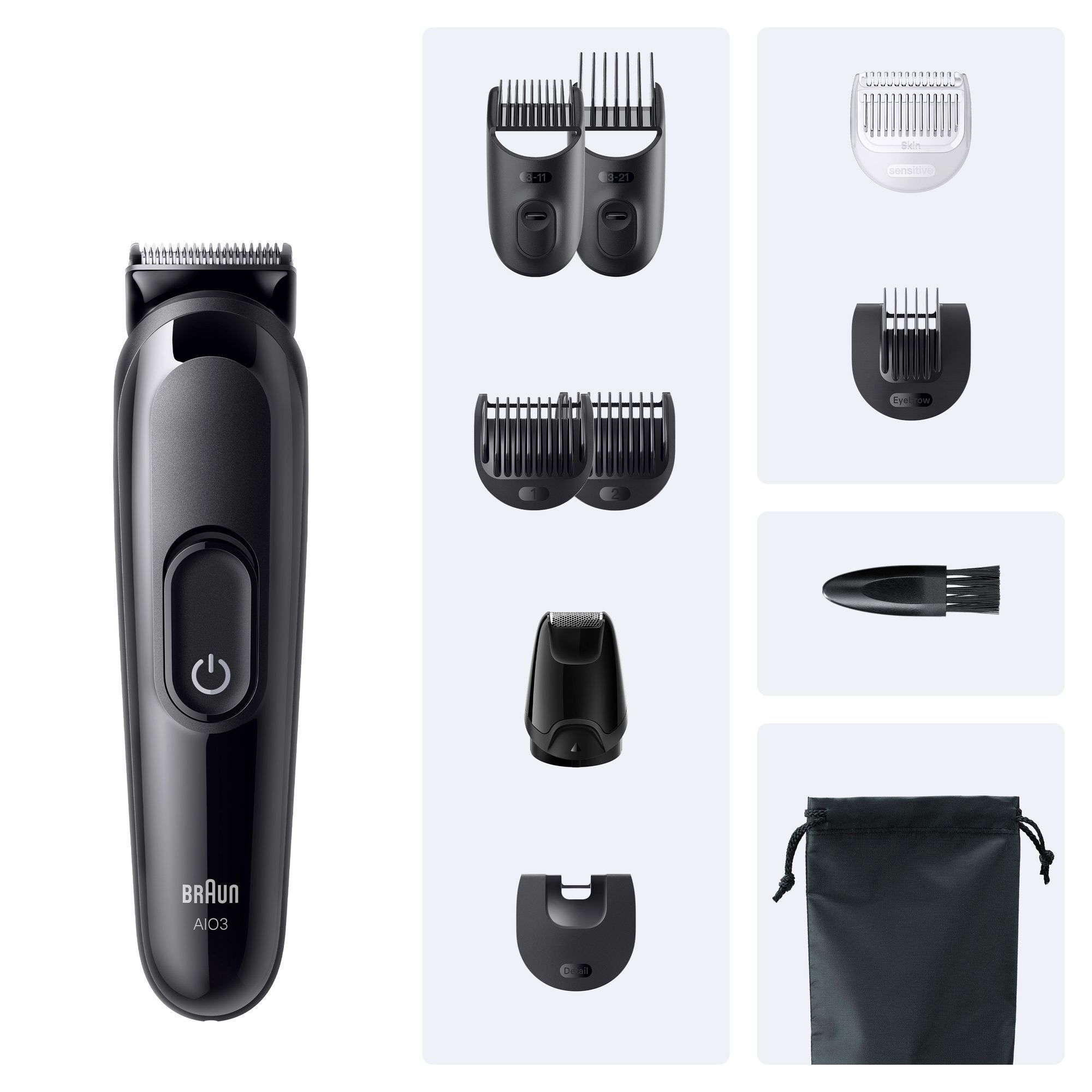 Braun All-in-One Trimmer AI03 mit verschiedenen Aufsätzen für Bart, Haare, Körper, sensible Bereiche und Augenbrauen.