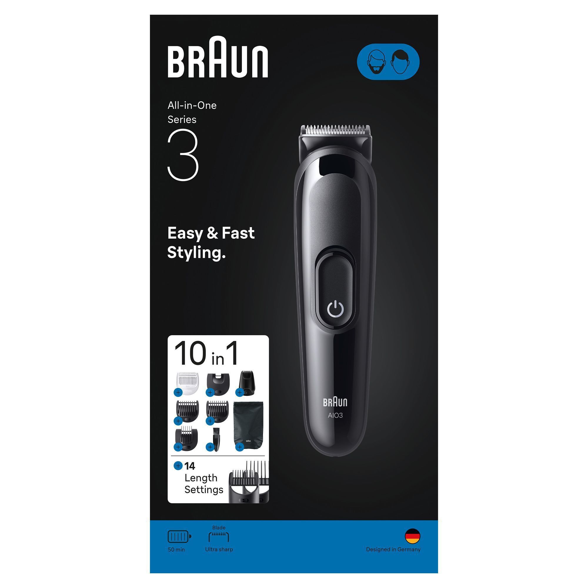 Braun All-in-One Series 3 Trimmer mit Verpackung, die 10 Styling-Aufsätze und 14 Längeneinstellungen hervorhebt.