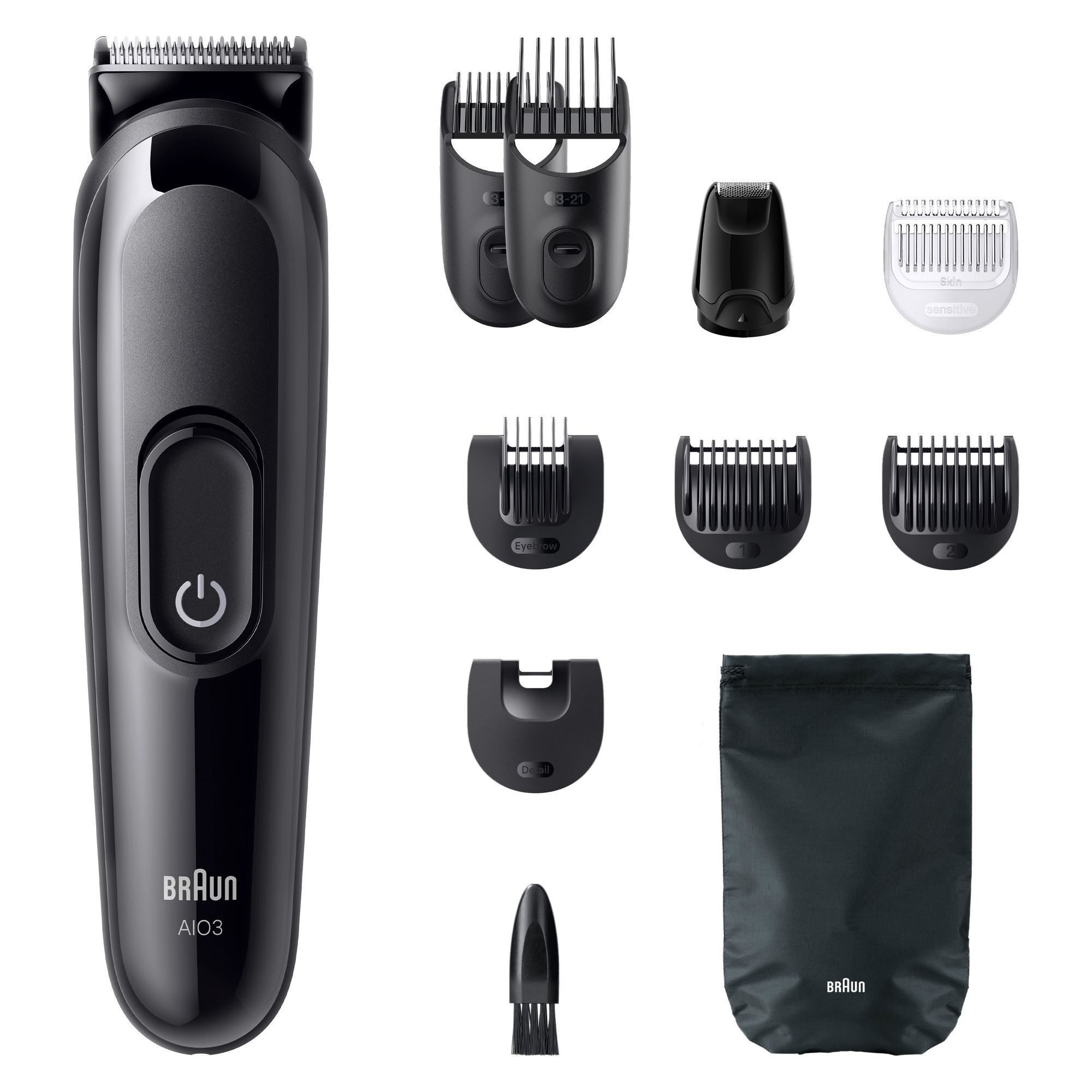 Braun AI03 Trimmer mit verschiedenen Aufsätzen für Bart, Haare und Körper, inklusive Aufbewahrungsbeutel.