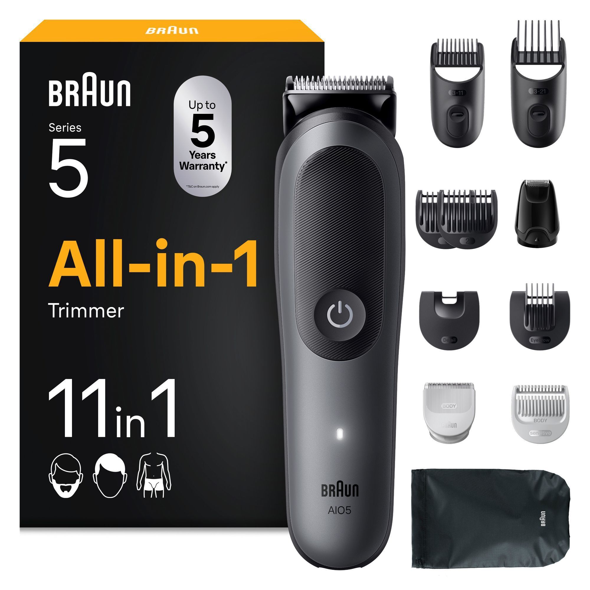 Braun Series 5 Barttrimmer mit Verpackung und dem Hinweis "11 in 1" für unbegrenztes Styling von Kopf bis Fuß.