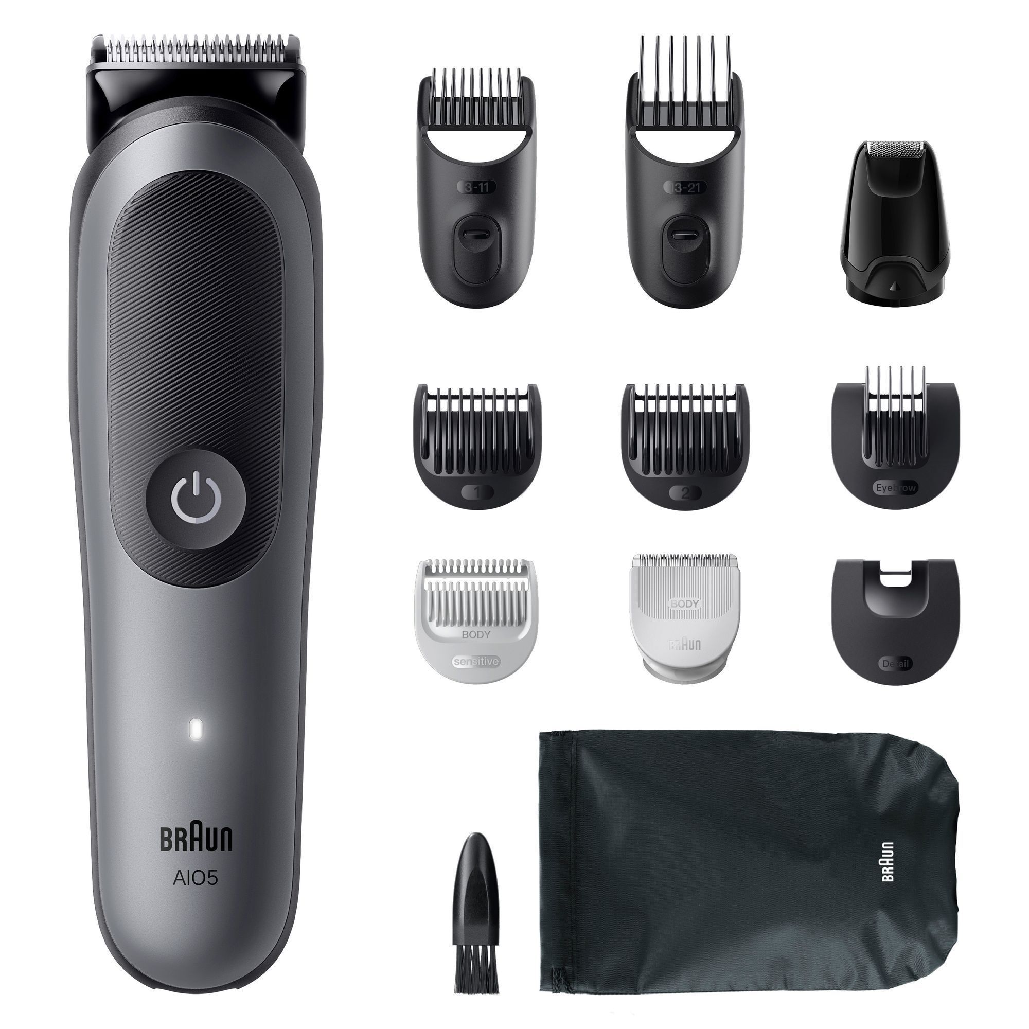 Braun All-in-One Trimmer Series 5, gezeigt mit verschiedenen Trimmeraufsätzen für Bart, Körper und Detailstyling.