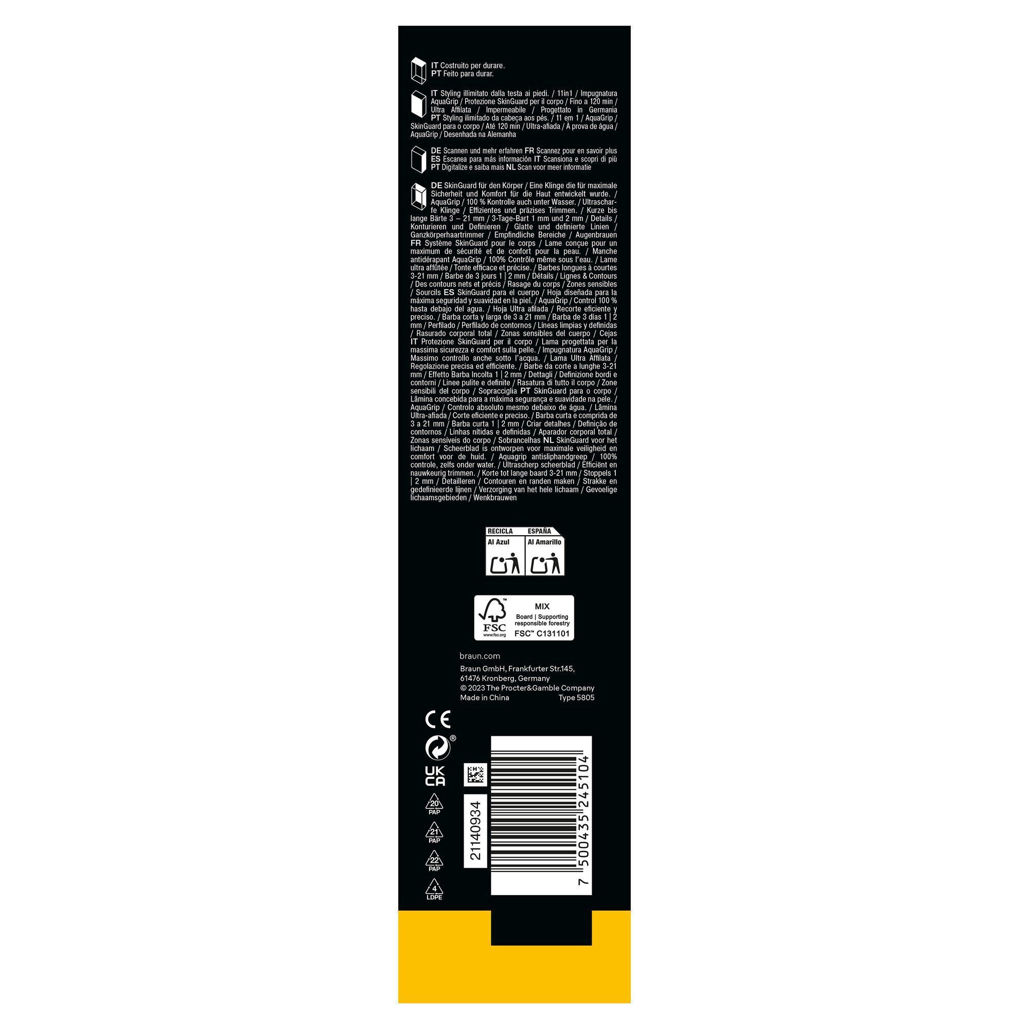 Braun Verpackung mit dem Hinweis auf SkinGuard für den Körper für maximale Sicherheit und Komfort.