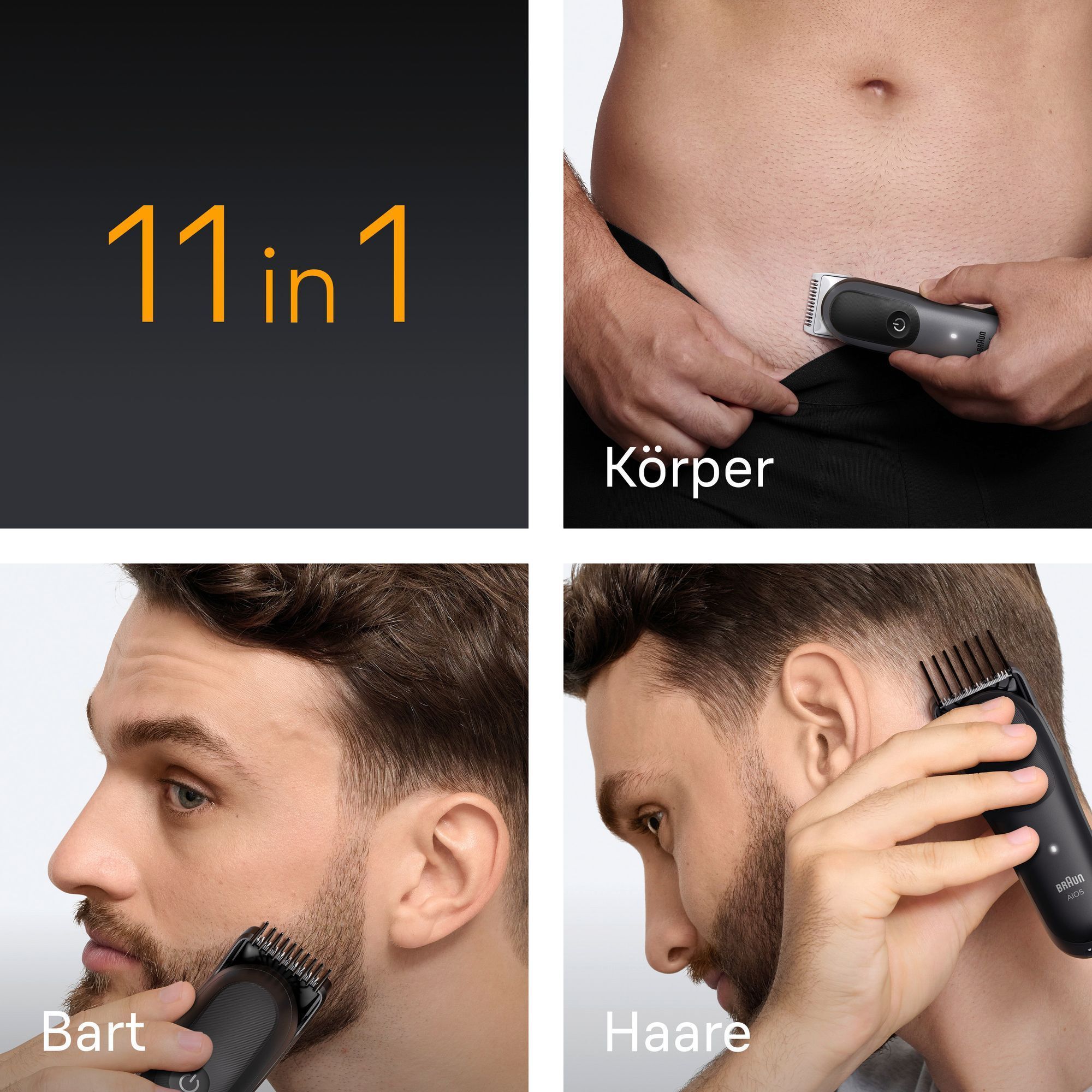 Braun Multitrimmer in Anwendung für Körper, Bart und Haare, hervorgehoben durch die Aufschrift "11 in 1".