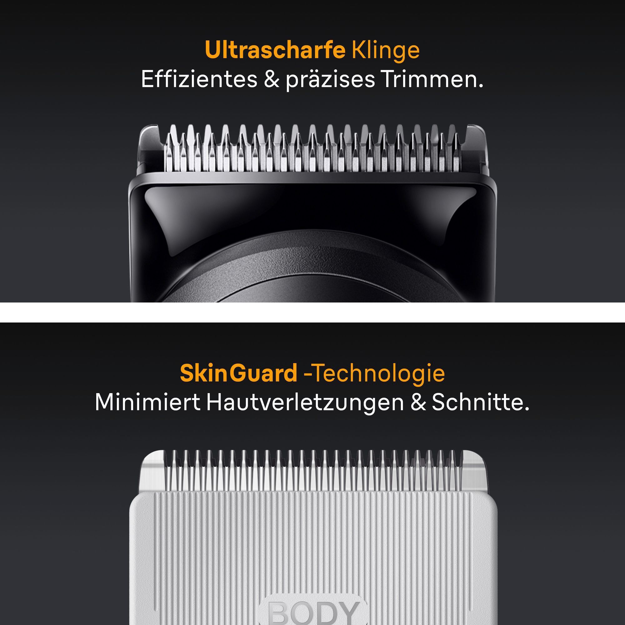 Braun Trimmer mit ultrascharfer Klinge für effizientes und präzises Trimmen und SkinGuard-Technologie zur Minimierung von Hautverletzungen.