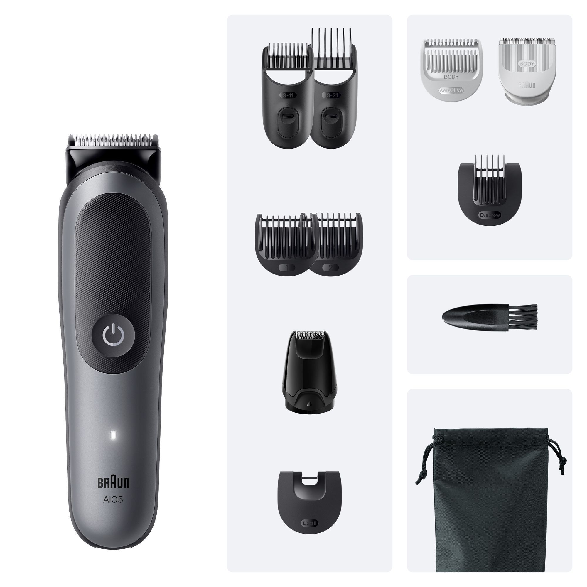 Braun All-in-One Trimmer Series 5 mit verschiedenen Aufsätzen für Bart, Körper, Augenbrauen und Detailstyling.