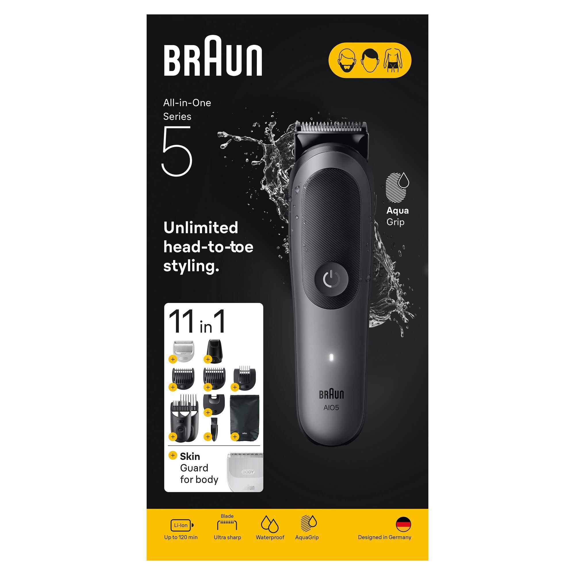 Braun All-in-One Series 5 Trimmer, Verpackung mit dem Hinweis auf 11-in-1 Styling-Aufsätze für unbegrenztes Styling von Kopf bis Fuß.