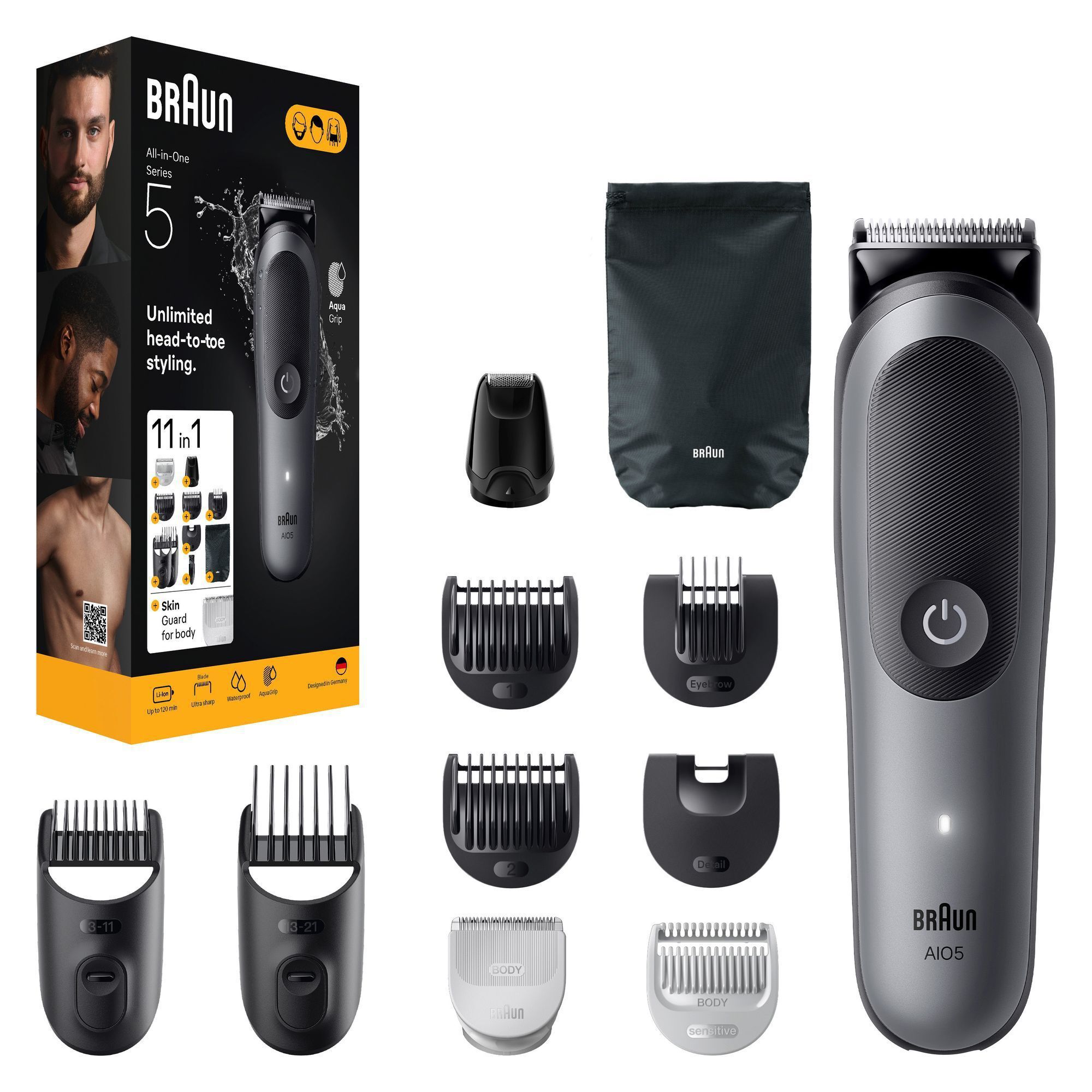 Braun All-in-One Series 5 Trimmer mit Verpackung, die "11 in 1" Aufsätze für unbegrenztes Styling von Kopf bis Fuß hervorhebt.