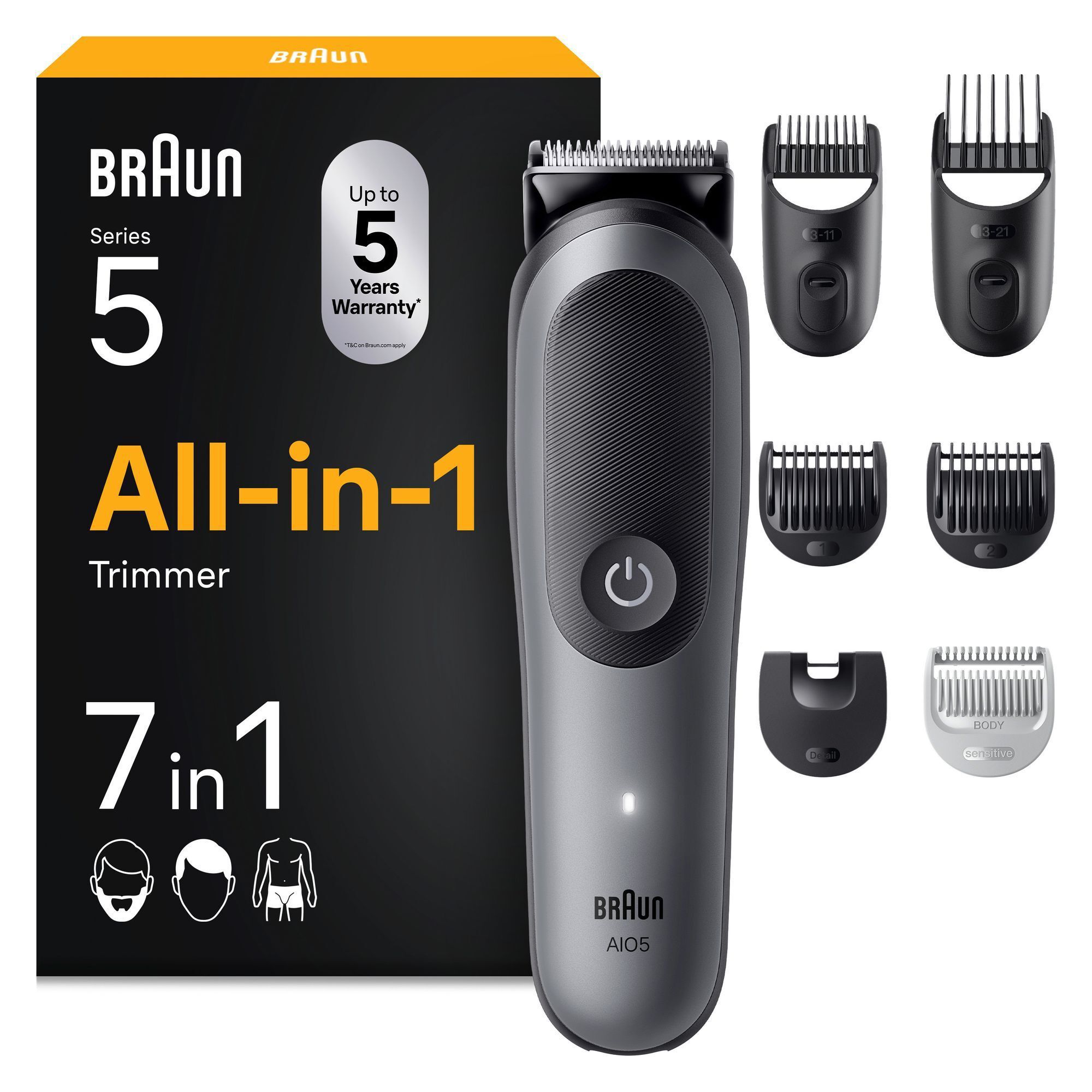 Braun All-in-One Series 5 mit Verpackung und dem Hinweis 7 in 1 für unbegrenztes Styling von Kopf bis Fuß.