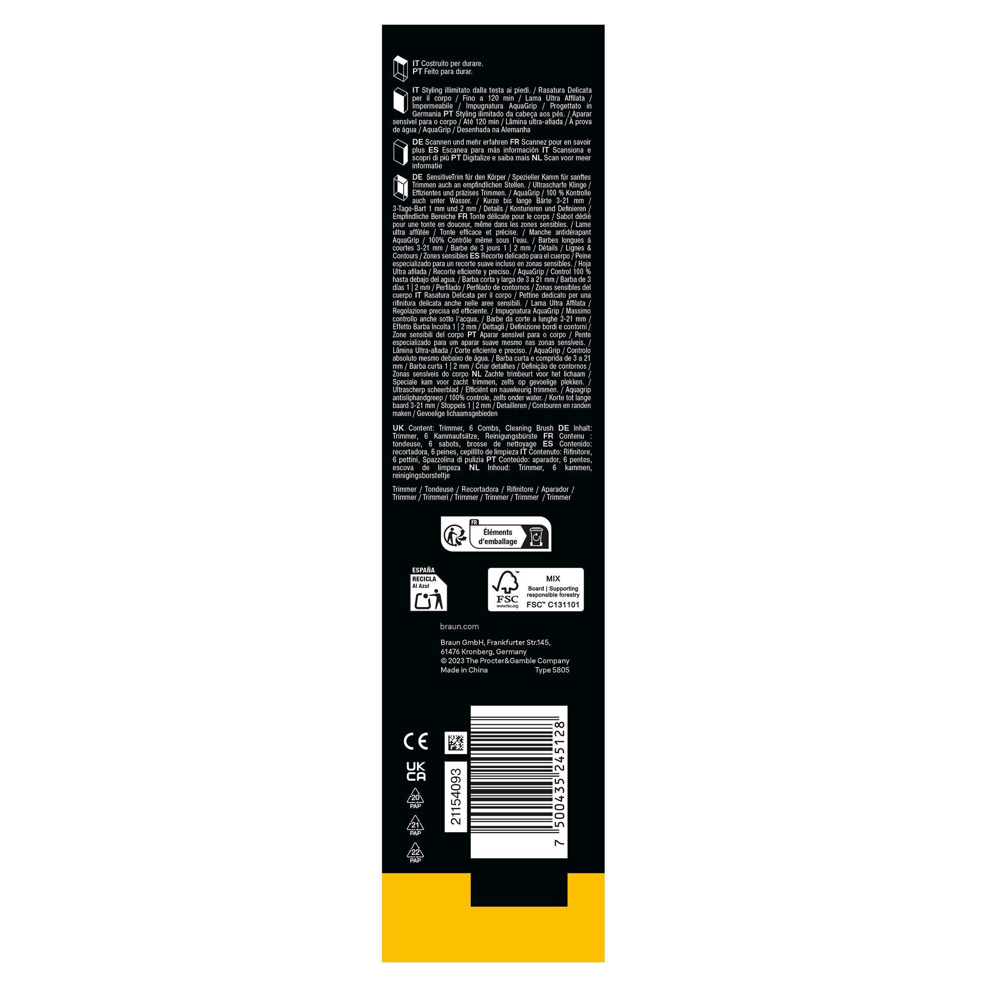 Braun Trimmer-Verpackung, die den SensitiveTrim-Kamm für sanftes Trimmen auch an empfindlichen Stellen hervorhebt.