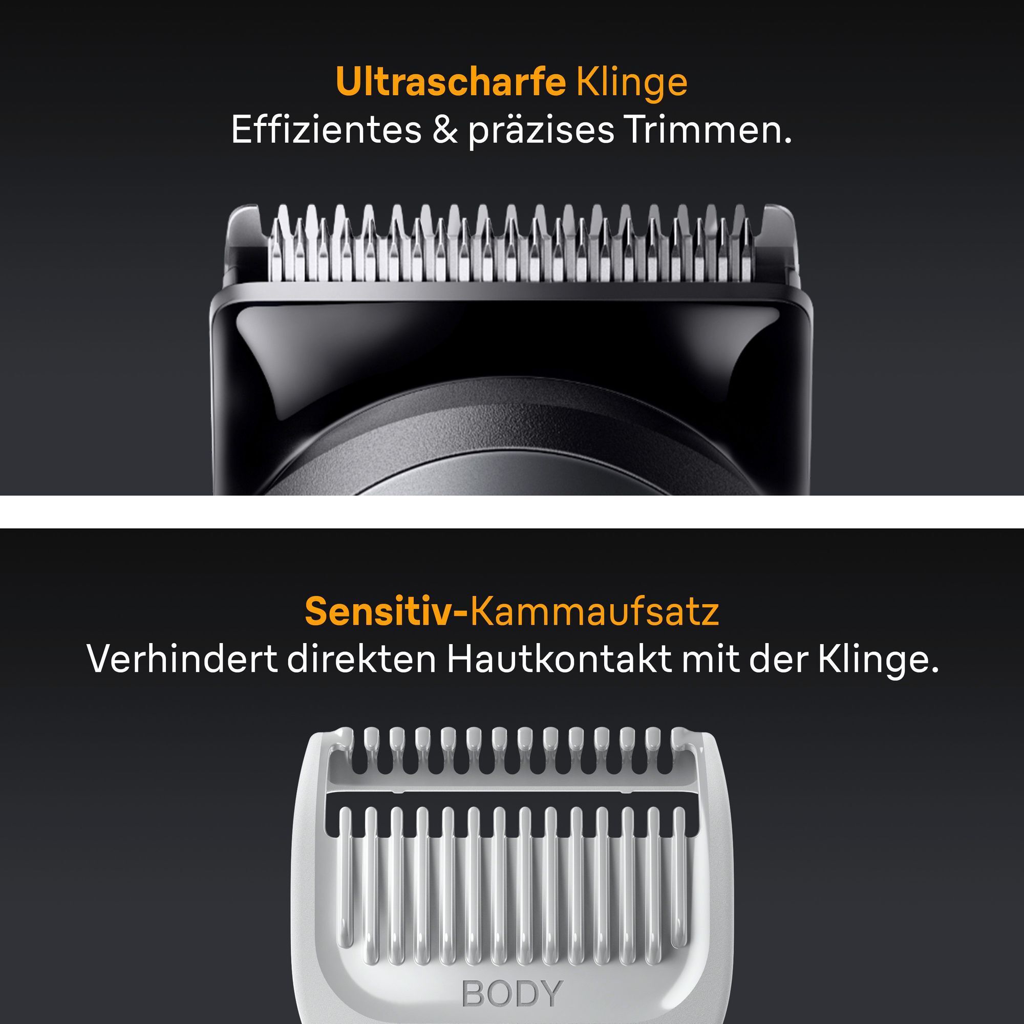 Braun Trimmer mit ultrascharfer Klinge für effizientes Trimmen und Sensitiv-Kammaufsatz, der Hautkontakt verhindert.