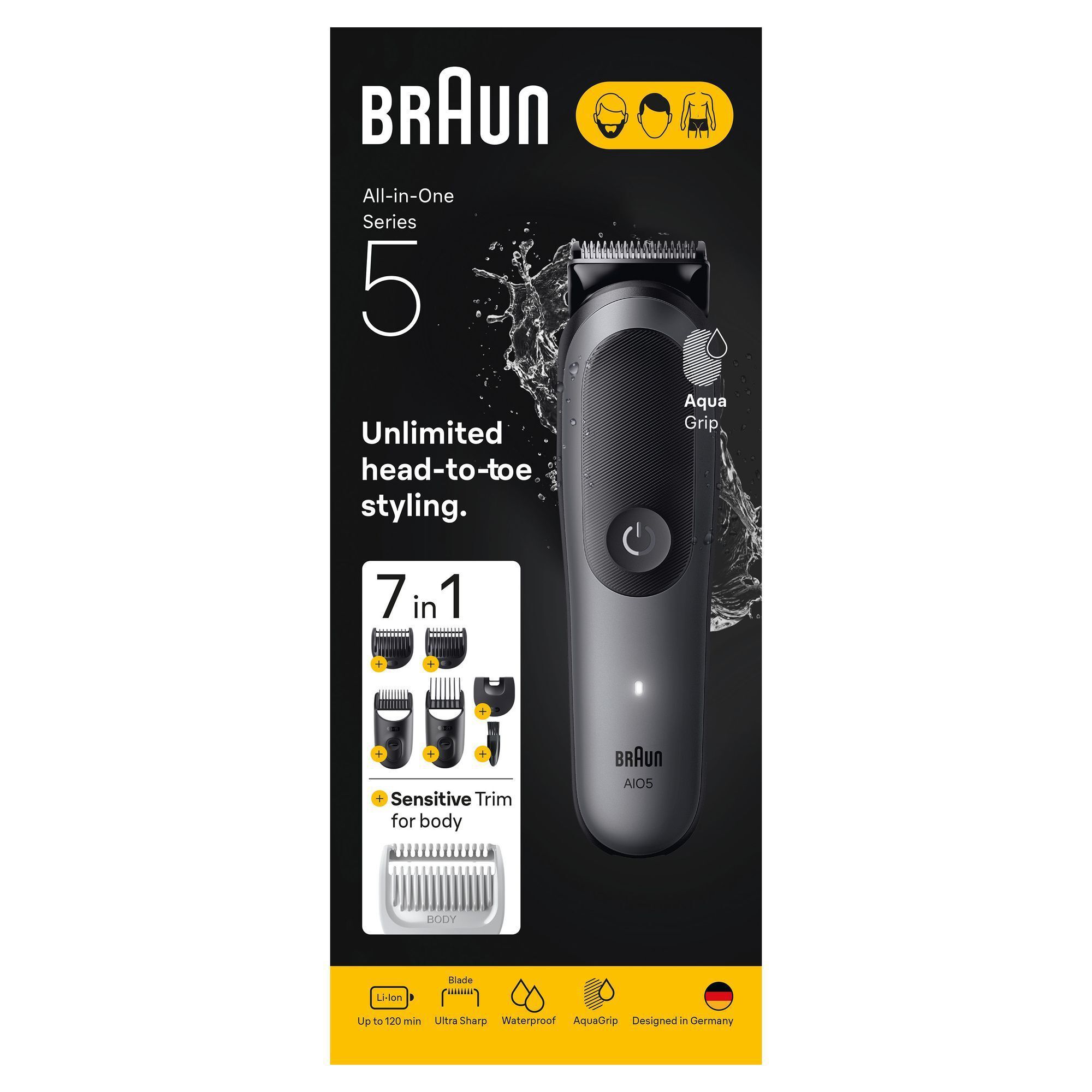 Braun All-in-One Series 5 Trimmer mit Verpackung, die 7 in 1 Aufsätze für unbegrenztes Styling von Kopf bis Fuß hervorhebt.