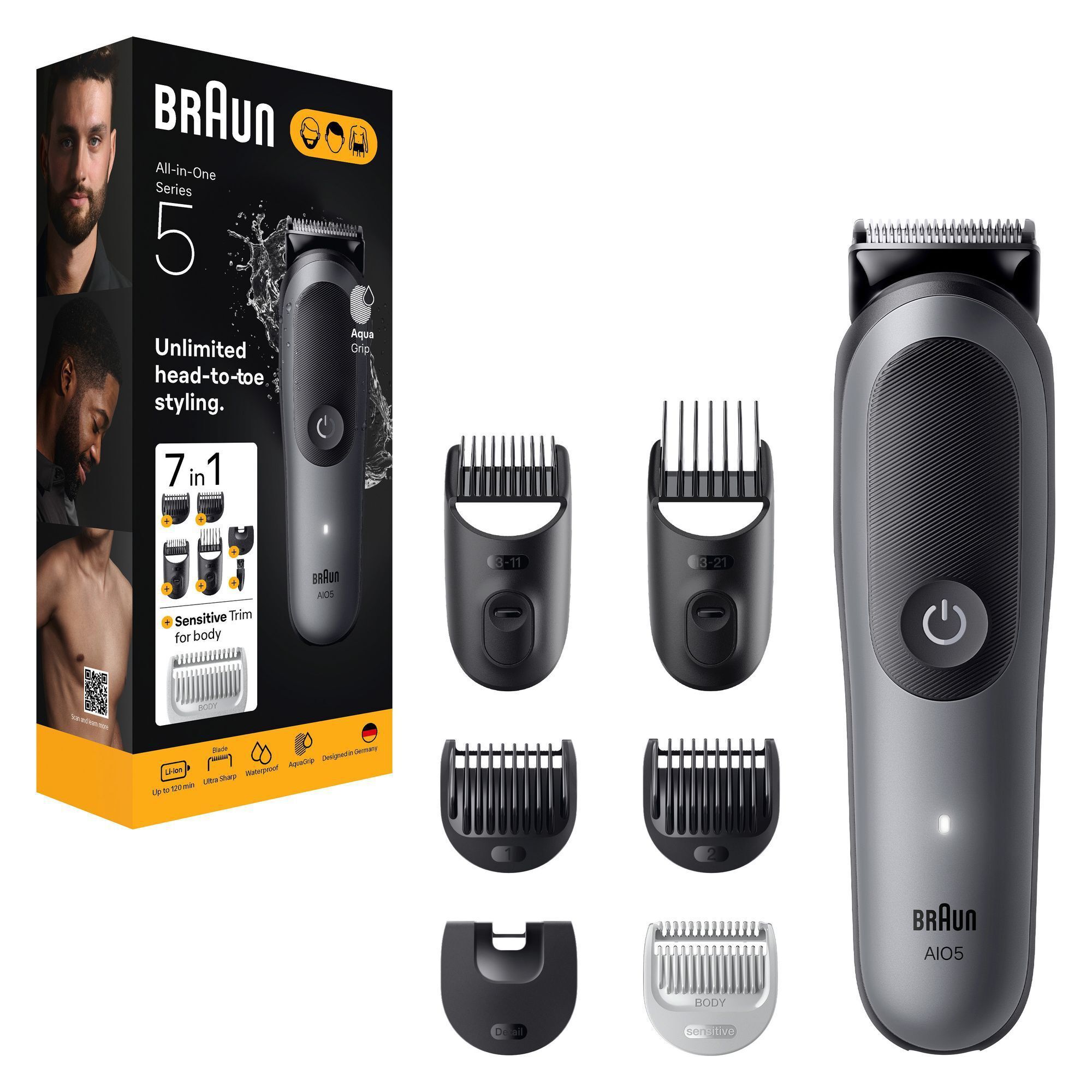 Braun All-in-One Series 5 Trimmer mit Verpackung, die 7 Styling-Aufsätze und die Eigenschaft Sensitive Trim for body hervorhebt.