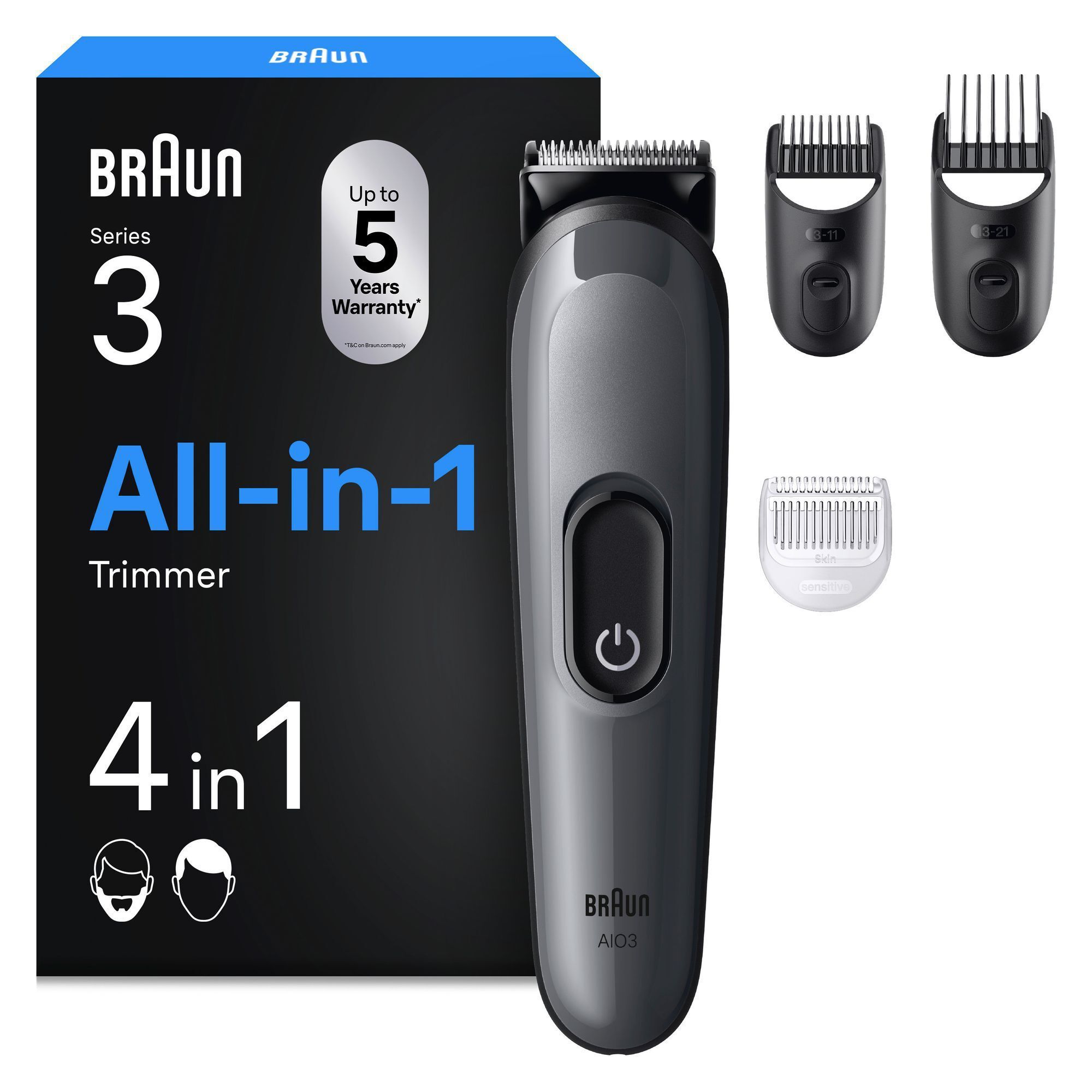 Braun Series 3 Bartschneider mit Verpackung, die "4 in 1" Styling und Zubehörteile hervorhebt.