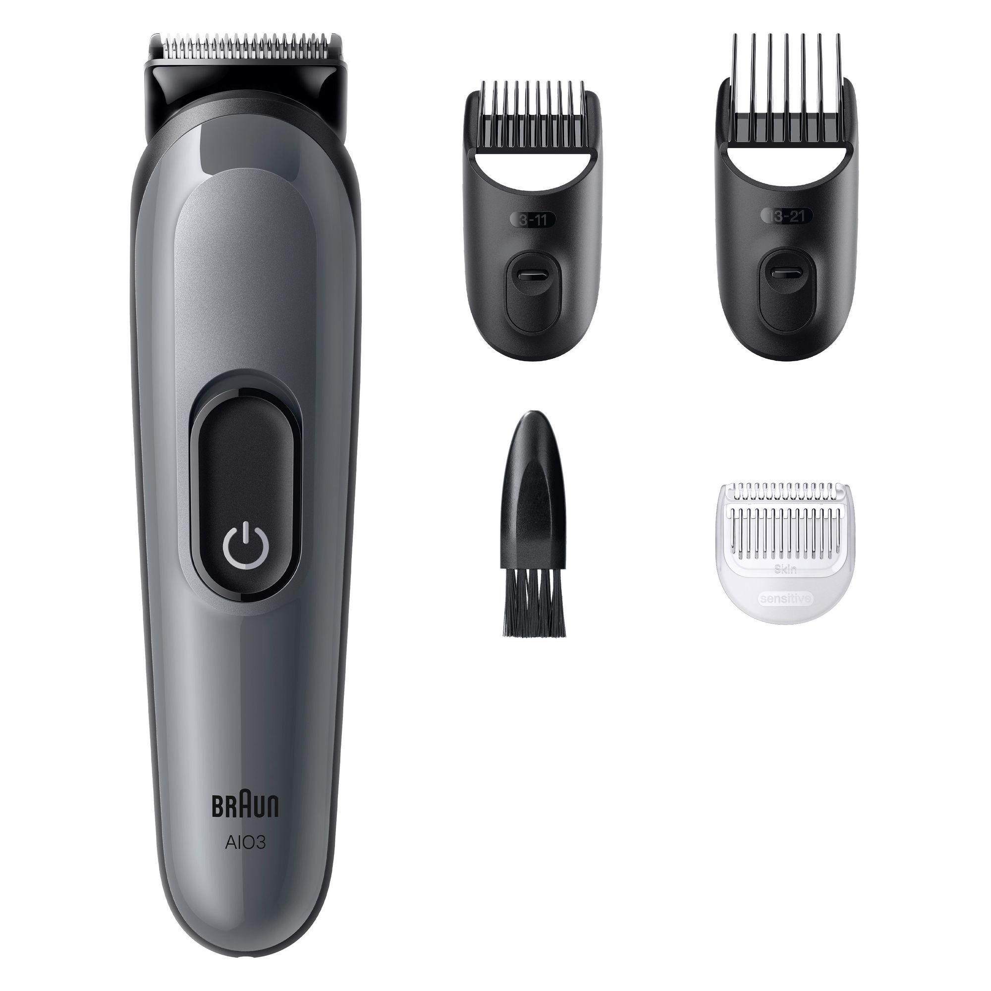 Braun All-in-One Trimmer Series 3, gezeigt mit Aufsätzen für Bartstyling und sensible Haut.