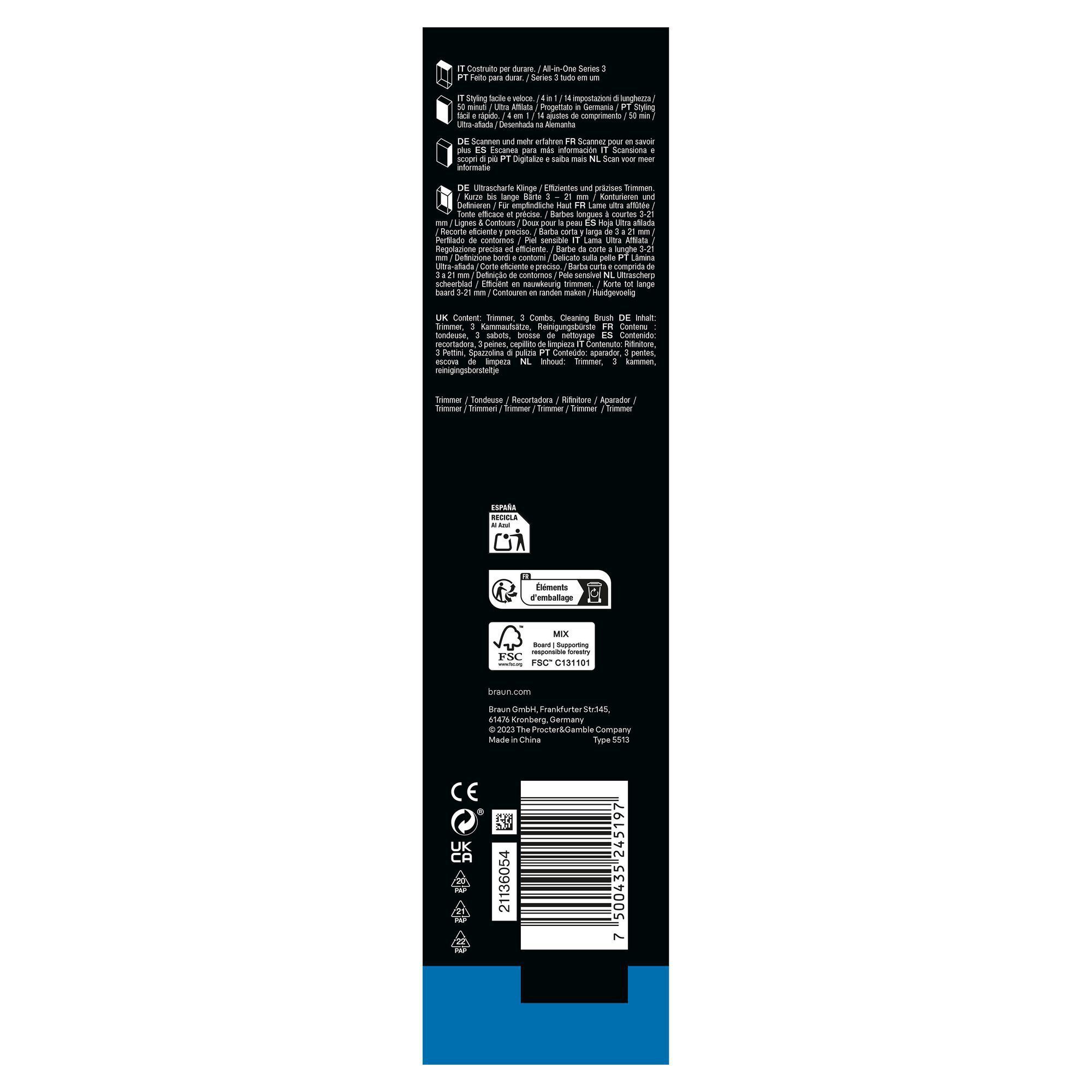 Braun All-in-One Series 3 Verpackung, die den Inhalt hervorhebt: Trimmer, drei Kammaufsätze und Reinigungsbürste.