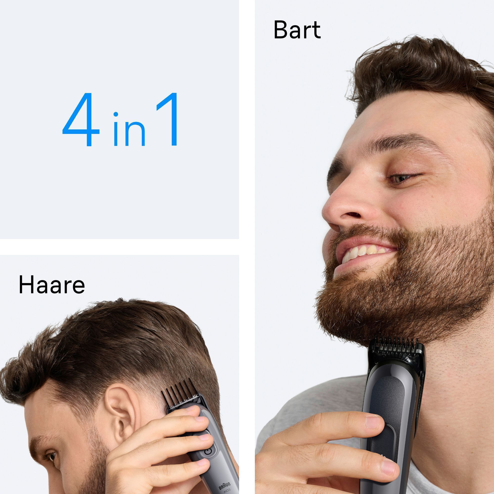 Braun Trimmer im Einsatz für Bartstyling und Haarschnitt, hervorgehoben als 4-in-1 Lösung.