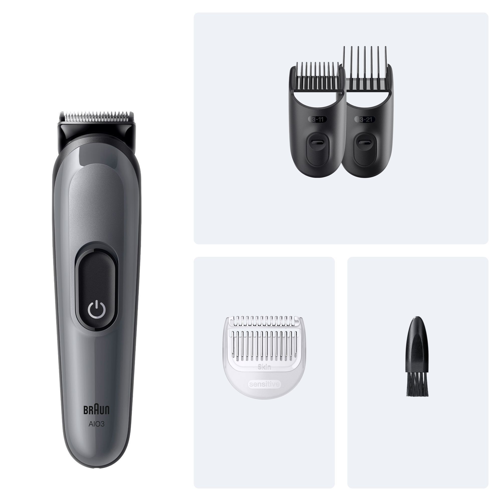 Braun All-in-One Trimmer mit verschiedenen Aufsätzen für unterschiedliche Haarlängen und einen Hautschutzaufsatz für empfindliche Bereiche.