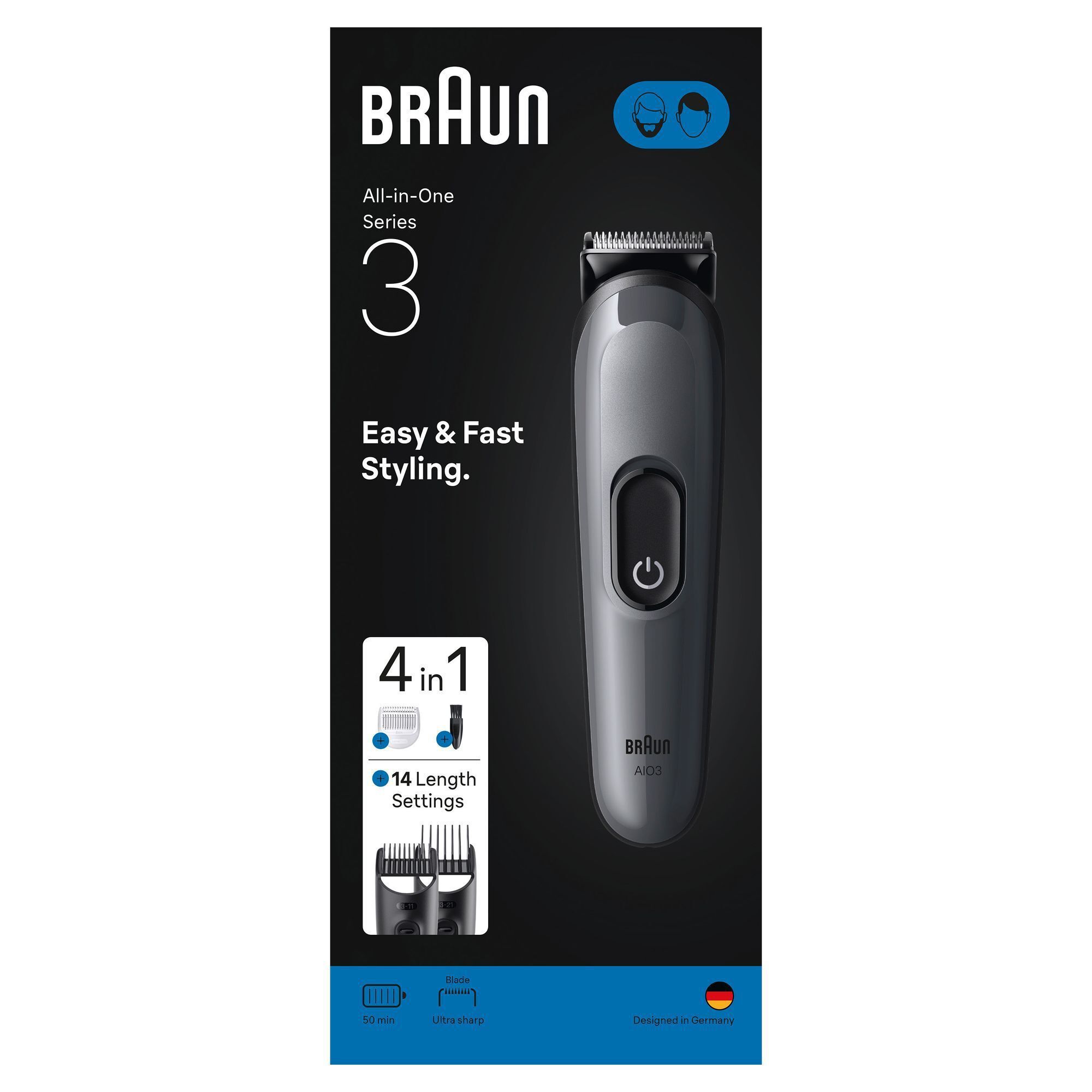 Braun All-in-One Series 3 Trimmer in der Verpackung, die "4 in 1" Styling und 14 Längeneinstellungen hervorhebt.