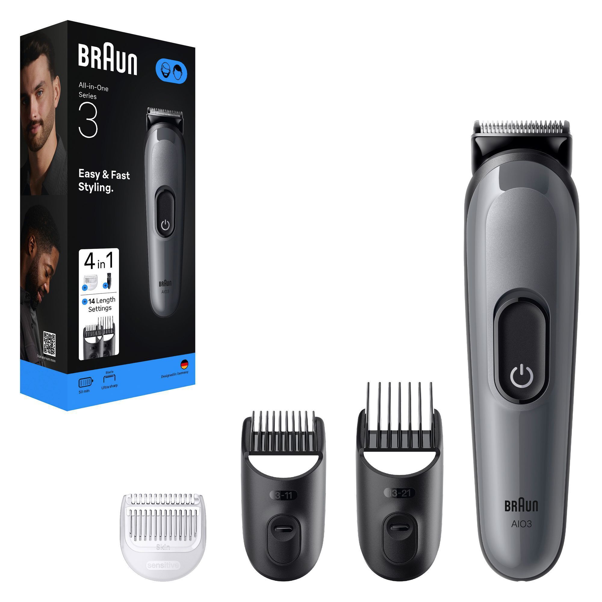 Braun All-in-One Series 3 Trimmer mit Verpackung, die "4 in 1" und 14 Längeneinstellungen hervorhebt.