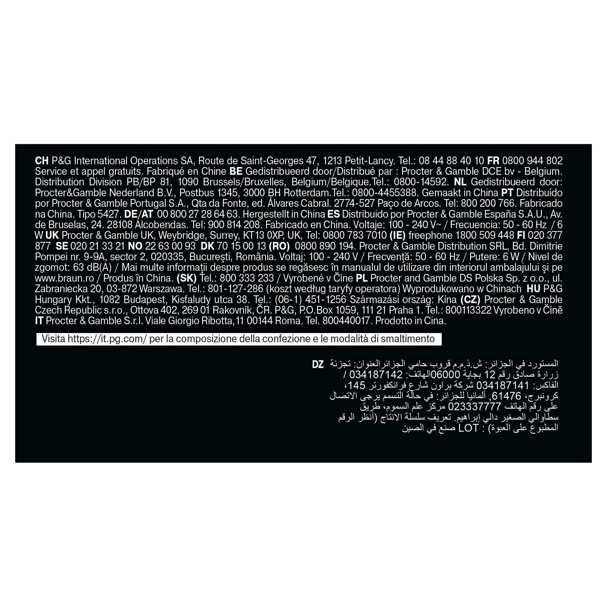 Braun Produktverpackung mit Hinweisen zu Importeur und Herstellerinformationen in verschiedenen Ländern und Sprachen.