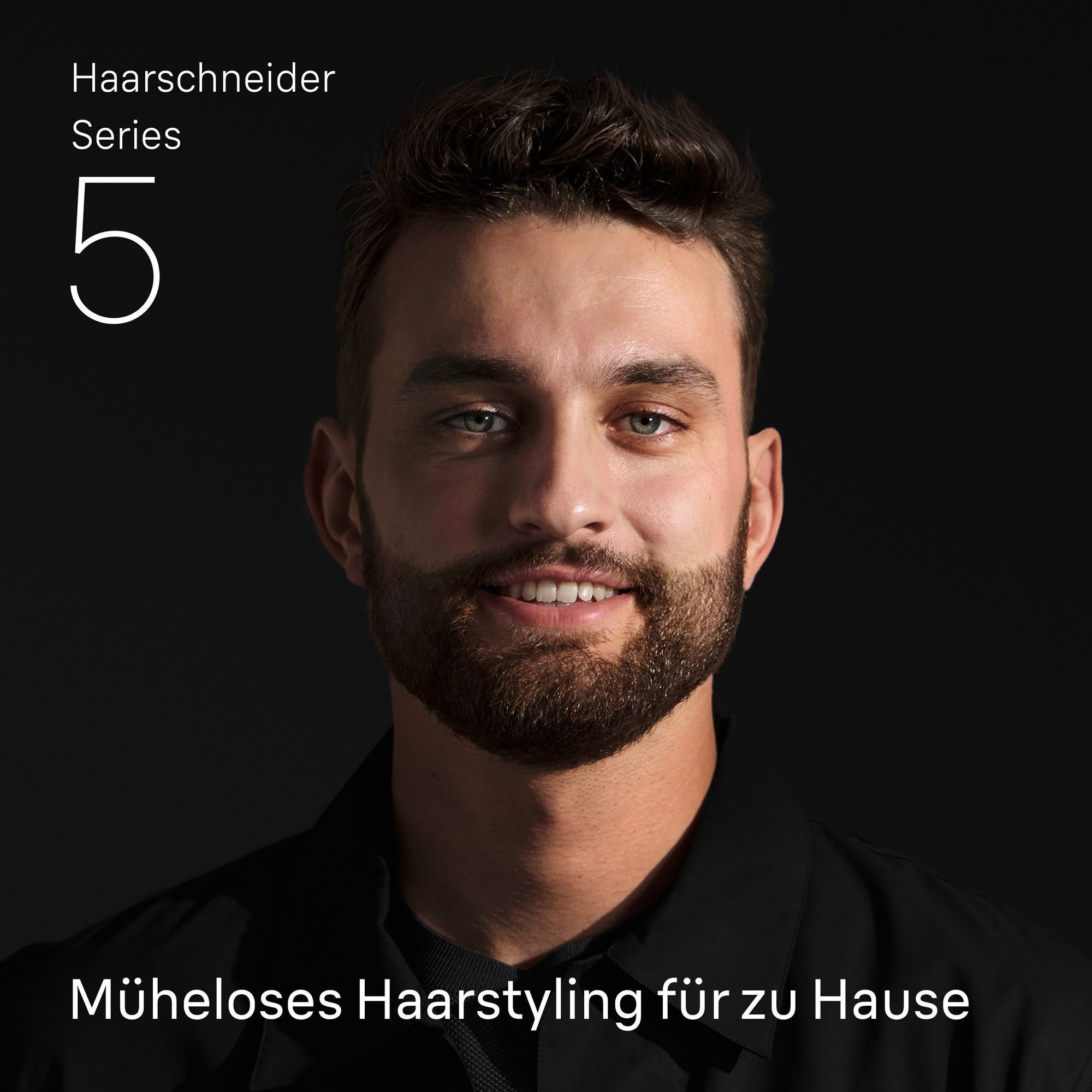 Gepflegter Mann mit gestutztem Bart lächelt, bewirbt müheloses Haarstyling mit dem Braun Series 5 Haarschneider für zu Hause.