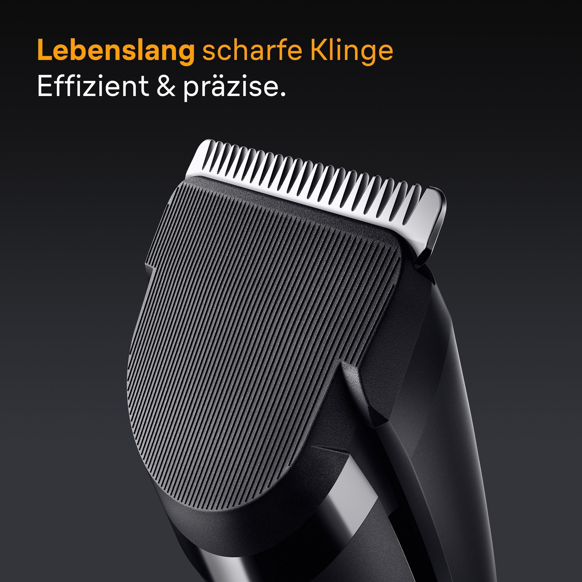 Braun Trimmer mit Nahaufnahme der Klinge, die für lebenslange Schärfe und effiziente, präzise Ergebnisse steht.