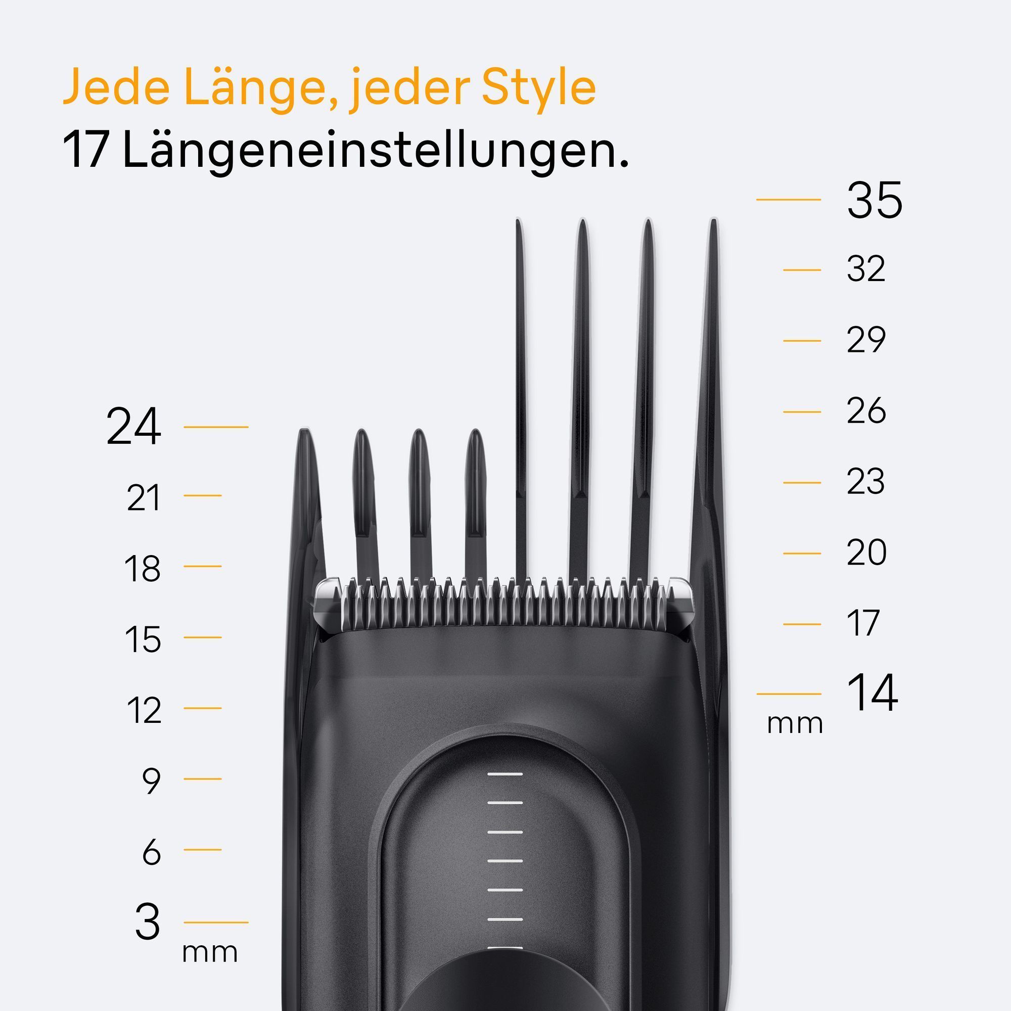 Braun Trimmer mit verschiedenen Aufsätzen und Längeneinstellungen, die "Jede Länge, jeder Style" ermöglichen.