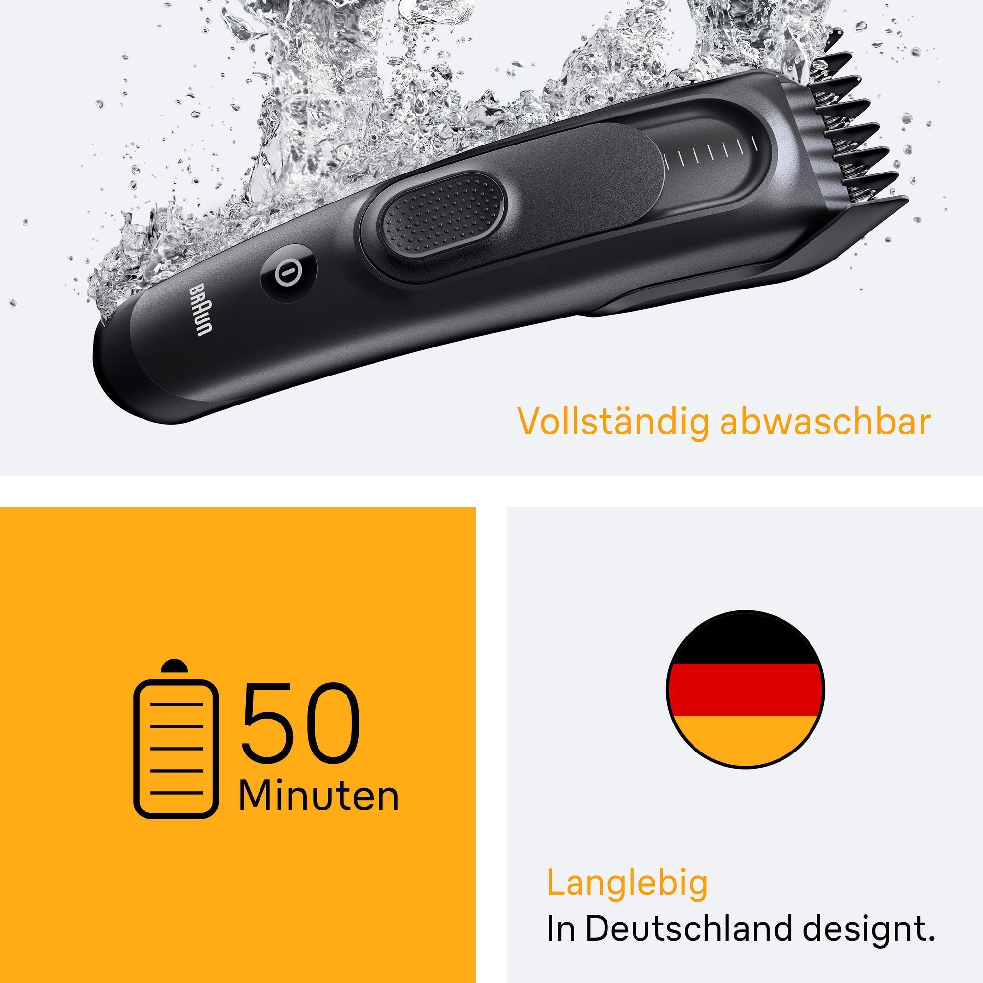 Braun Barttrimmer, vollständig abwaschbar, mit Akkulaufzeit von 50 Minuten und in Deutschland designt.