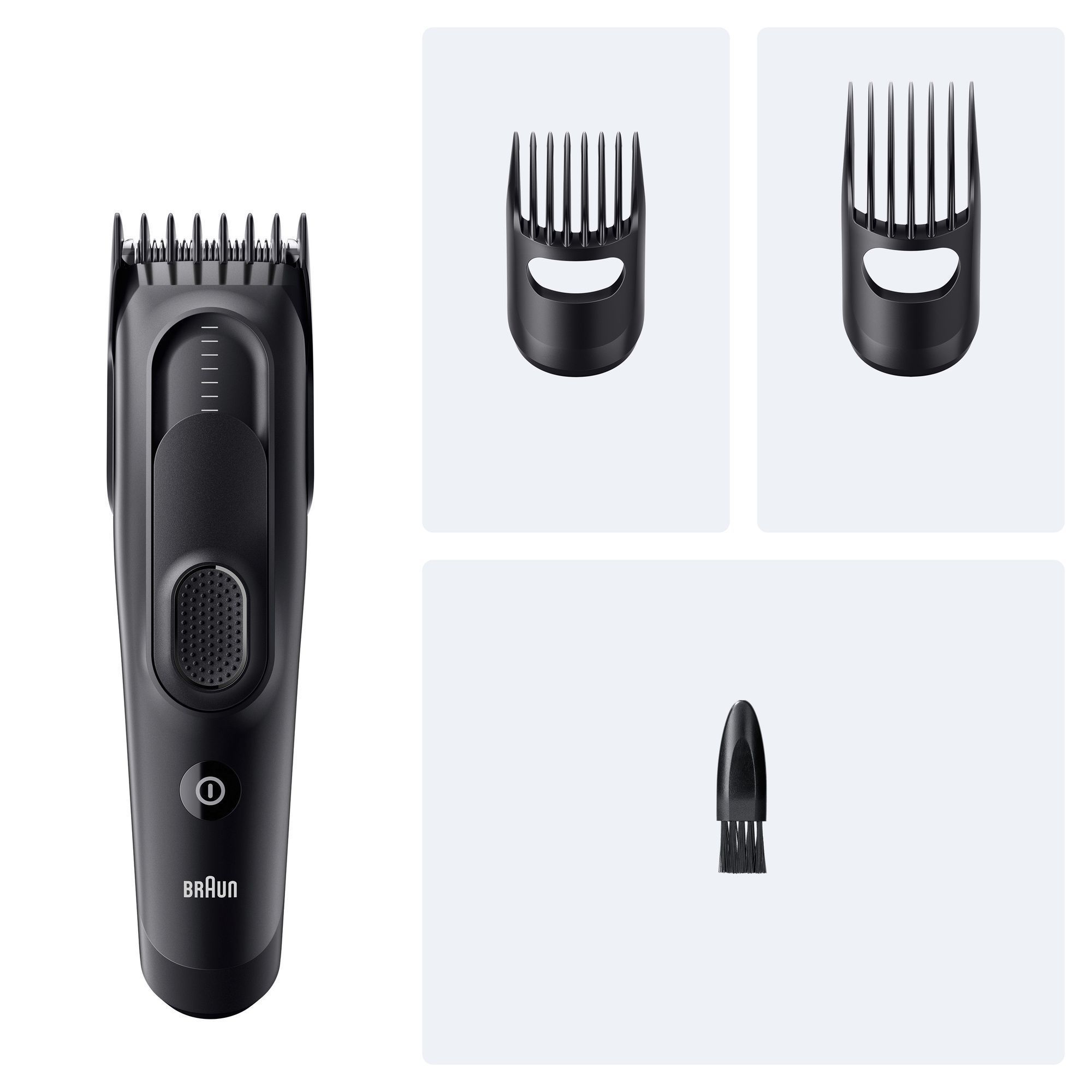 Braun Haarschneider mit verschiedenen Aufsätzen für unterschiedliche Haarlängen und einer Reinigungsbürste.