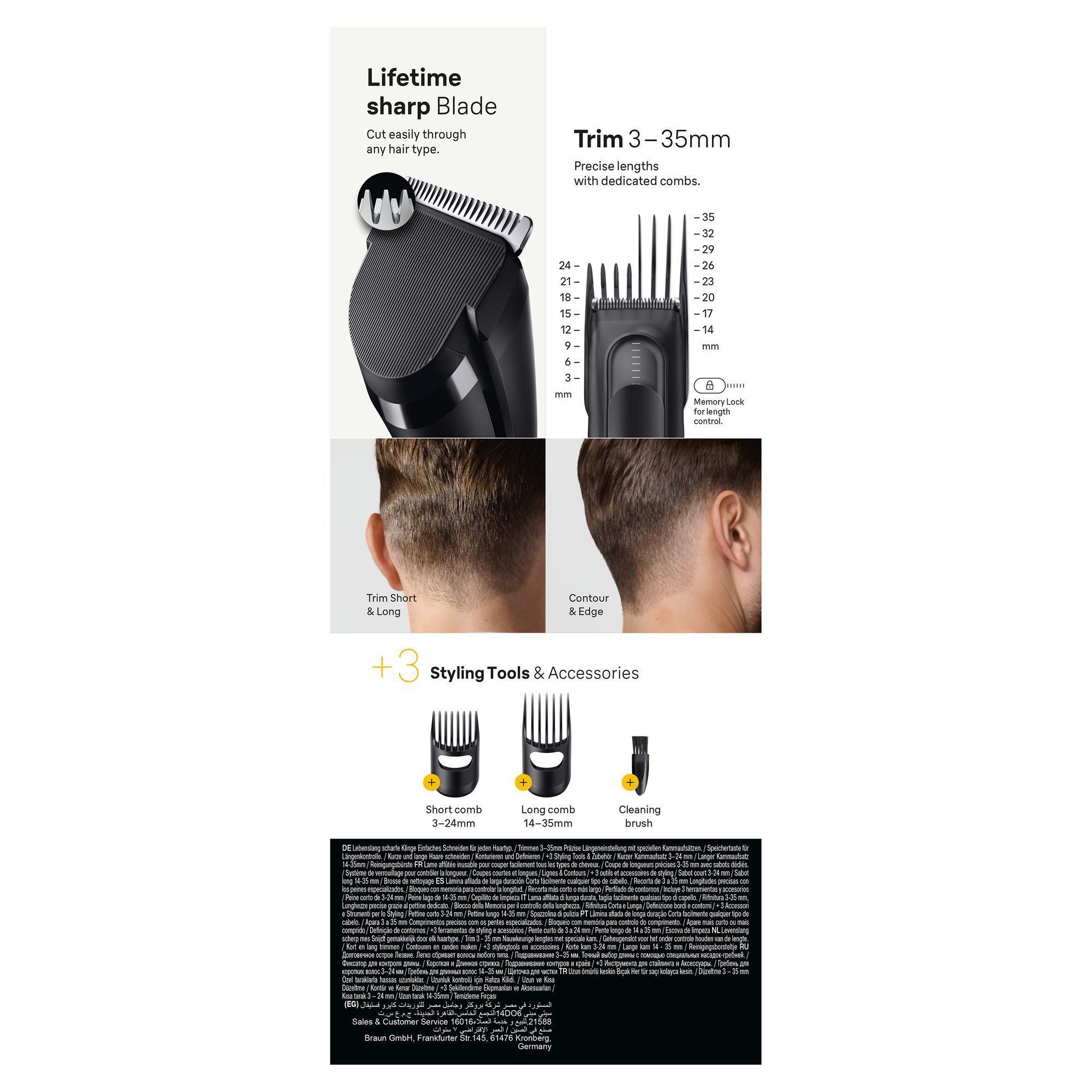 Braun Bartschneider mit langlebiger, scharfer Klinge und drei Styling-Tools & Zubehör: Kurzhaarkamm, Langhaarkamm und Reinigungsbürste.