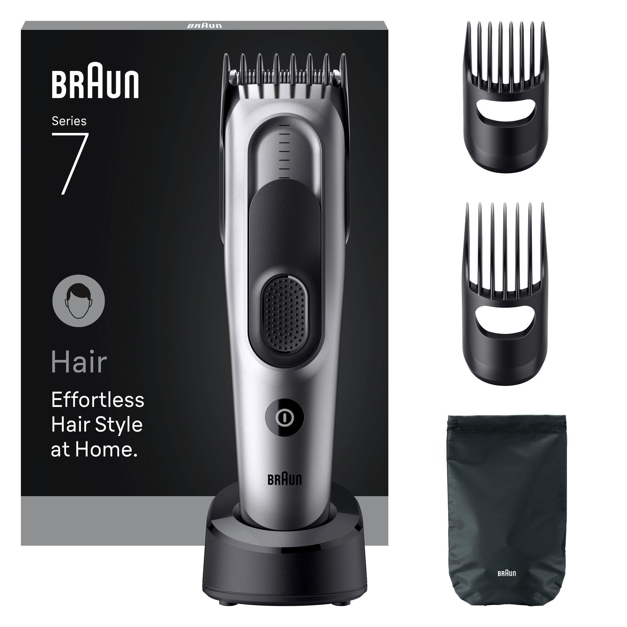 Braun Series 7 Haarschneider mit Verpackung, zwei Aufsätzen und Aufbewahrungsbeutel für müheloses Haarstyling zu Hause.
