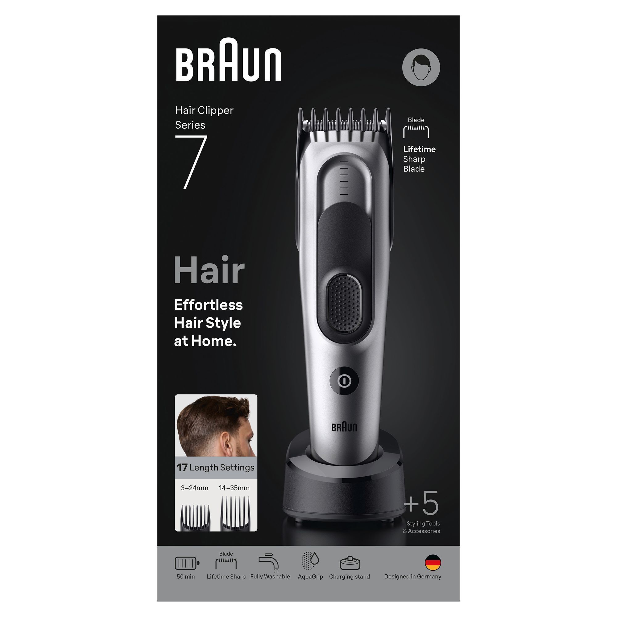 Braun Hair Clipper Series 7 mit Verpackung, die die "Lifetime Sharp Blade"-Technologie hervorhebt.