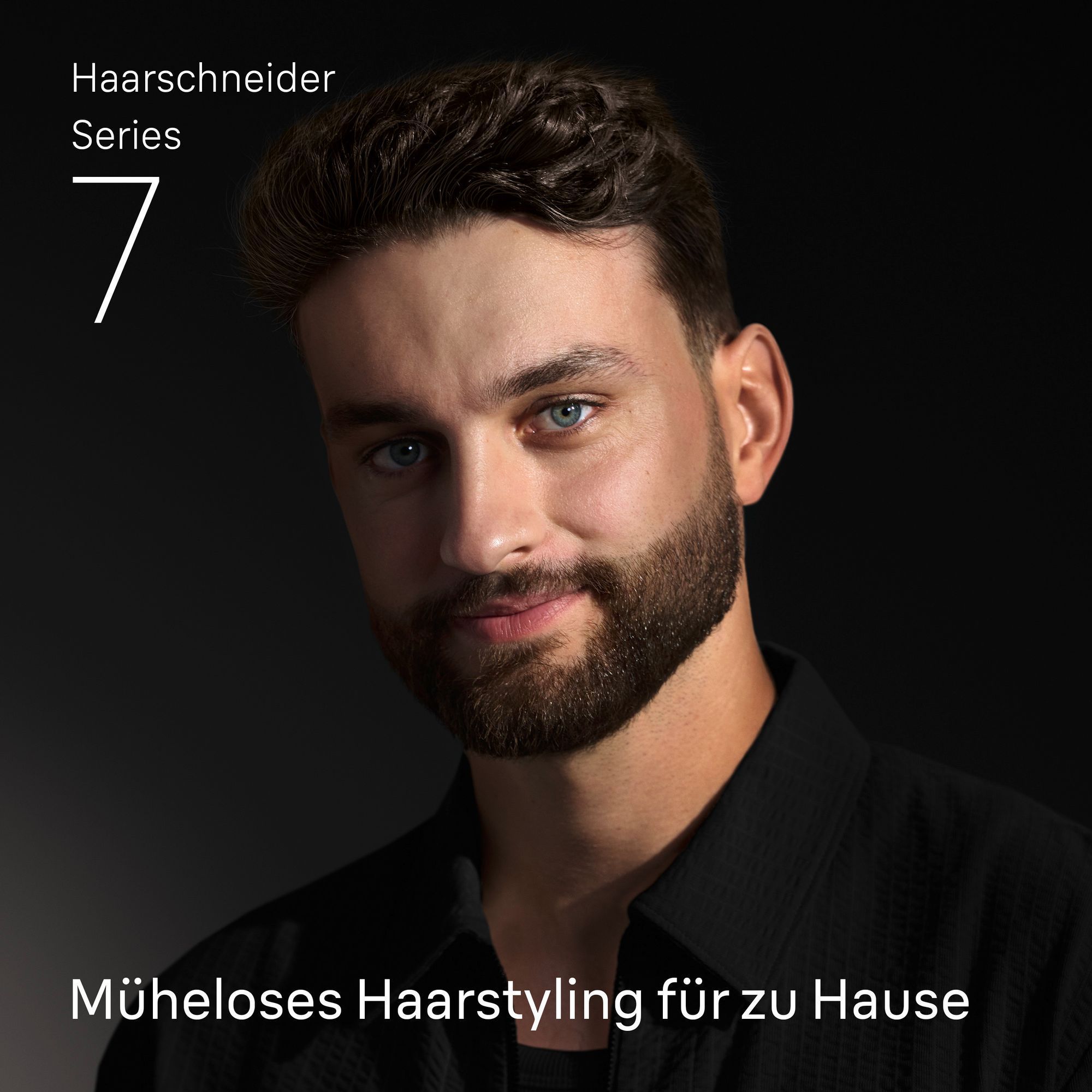 Braun Haarschneider Series 7 für müheloses Haarstyling zu Hause, gezeigt an einem Mann mit gestyltem Bart.