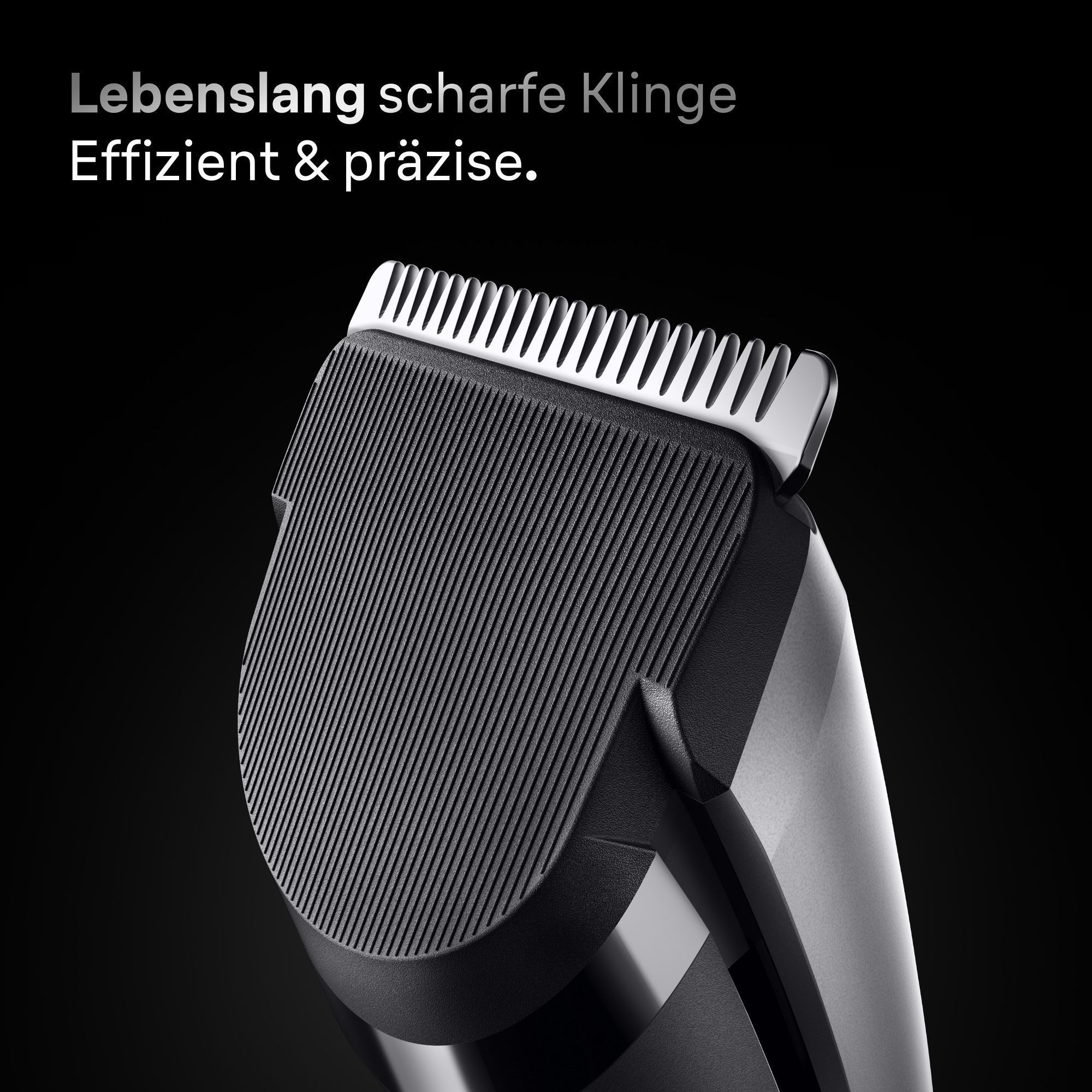 Braun Trimmer-Klinge im Detail, hervorgehoben wird die lebenslange Schärfe für effizientes und präzises Trimmen.