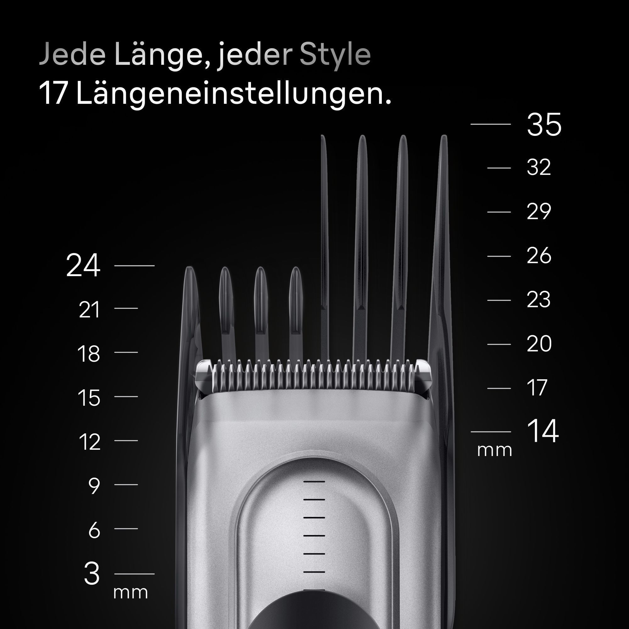 Braun Haarschneider mit 17 Längeneinstellungen für jeden Style, von 3 mm bis 35 mm.