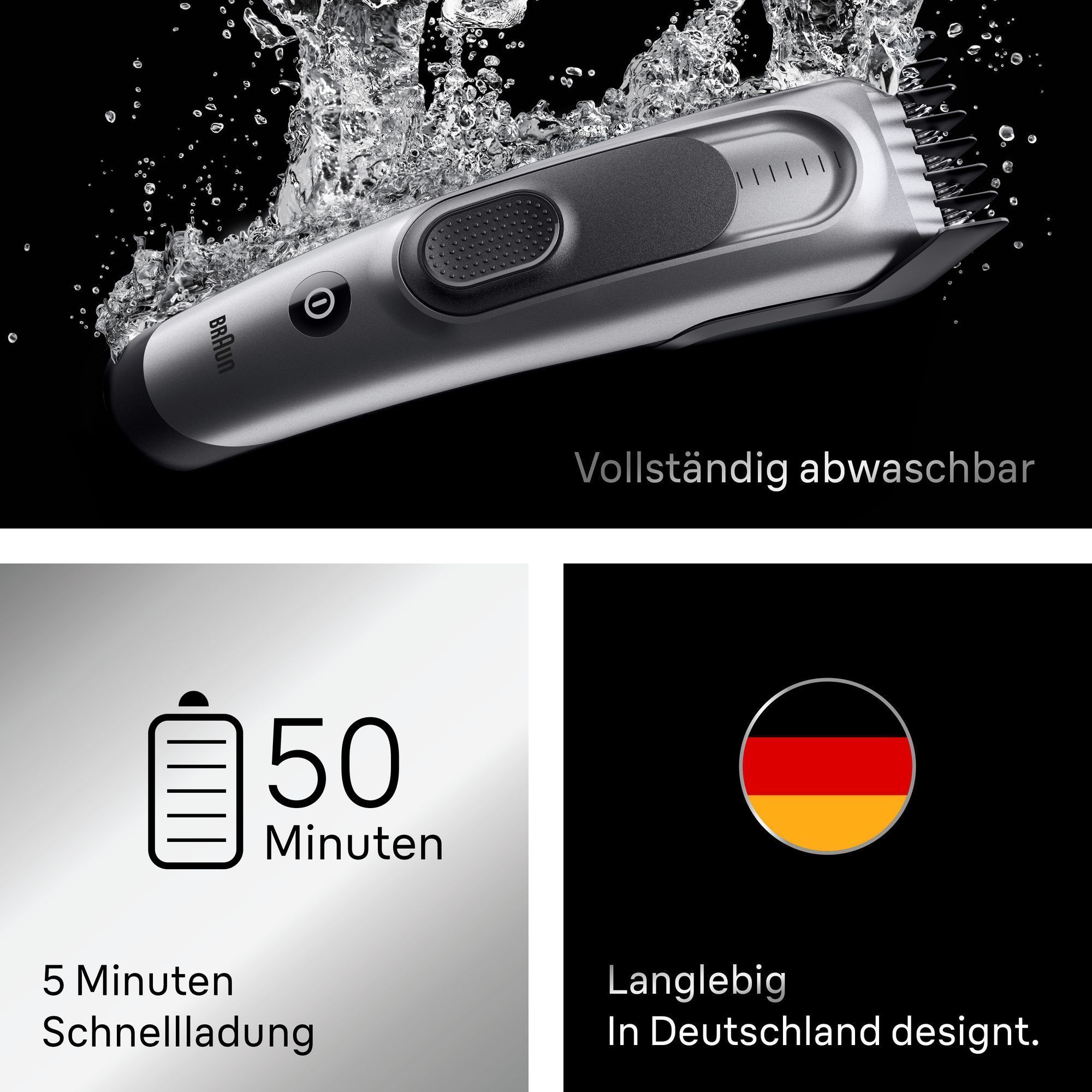 Braun Bartschneider wird unter Wasser gespült, um die vollständige Abwaschbarkeit hervorzuheben.