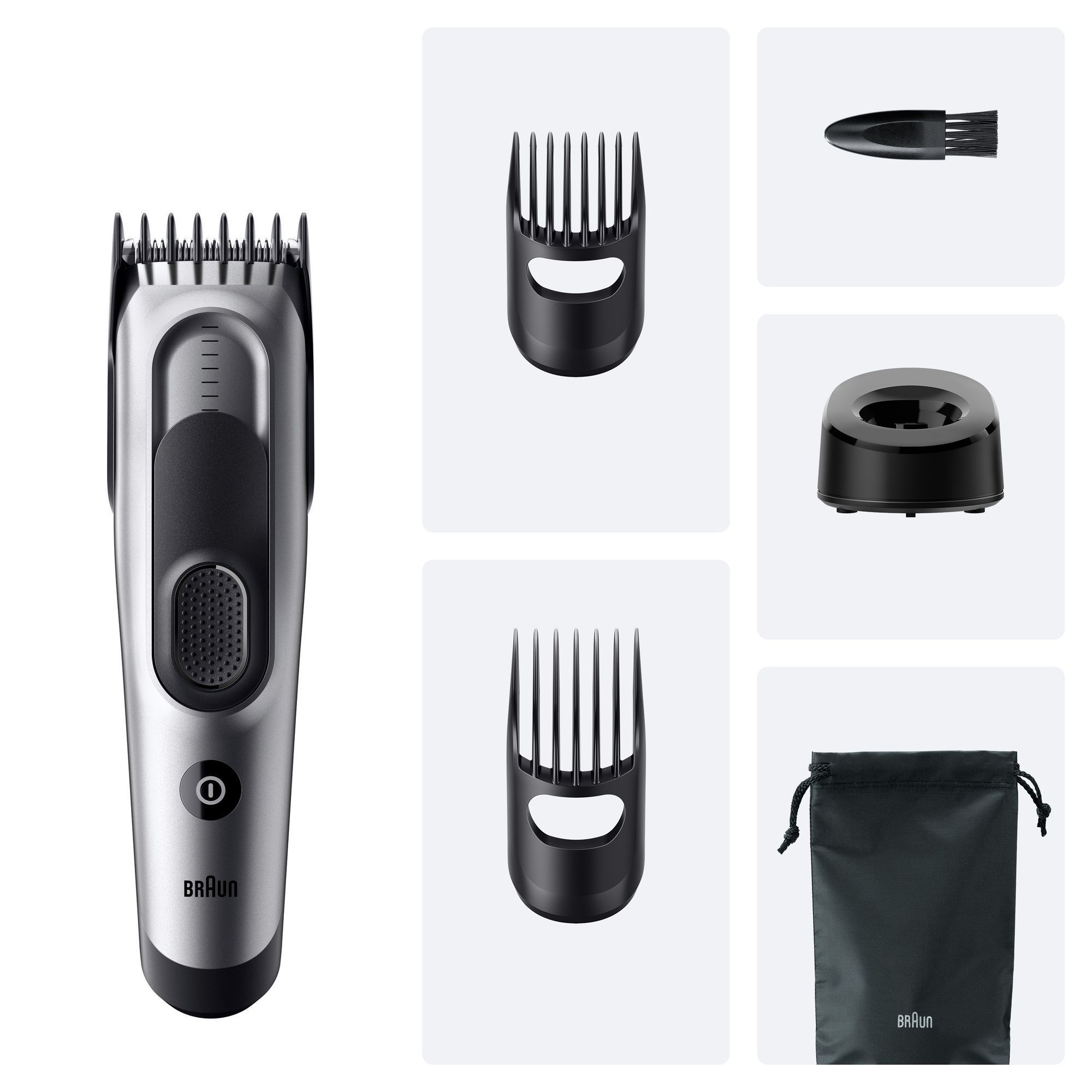 Braun Bartschneider mit verschiedenen Aufsätzen, Reinigungsbürste, Ladestation und Aufbewahrungsbeutel für vielseitiges Styling.