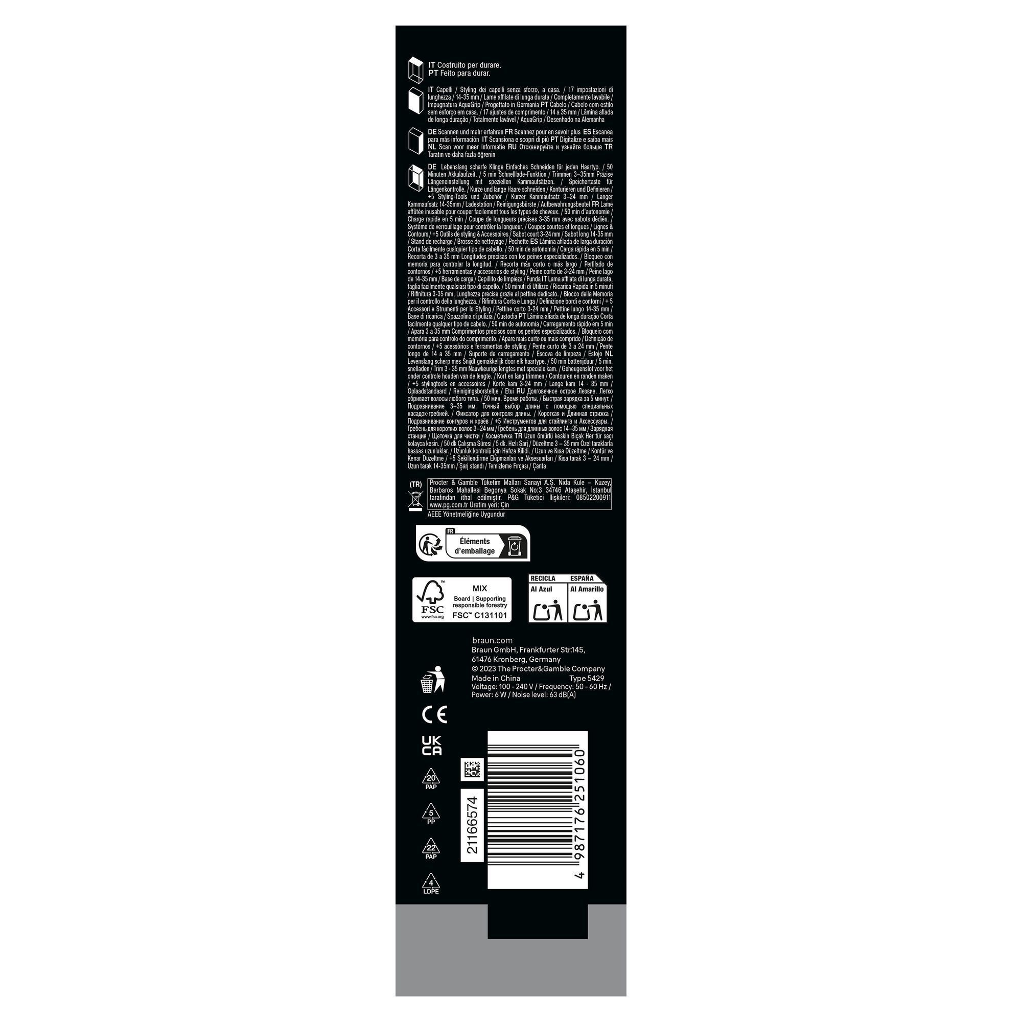 Braun Haarschneider-Verpackung, die die lebenslang scharfe Klinge und die 50 Minuten Akkulaufzeit hervorhebt.