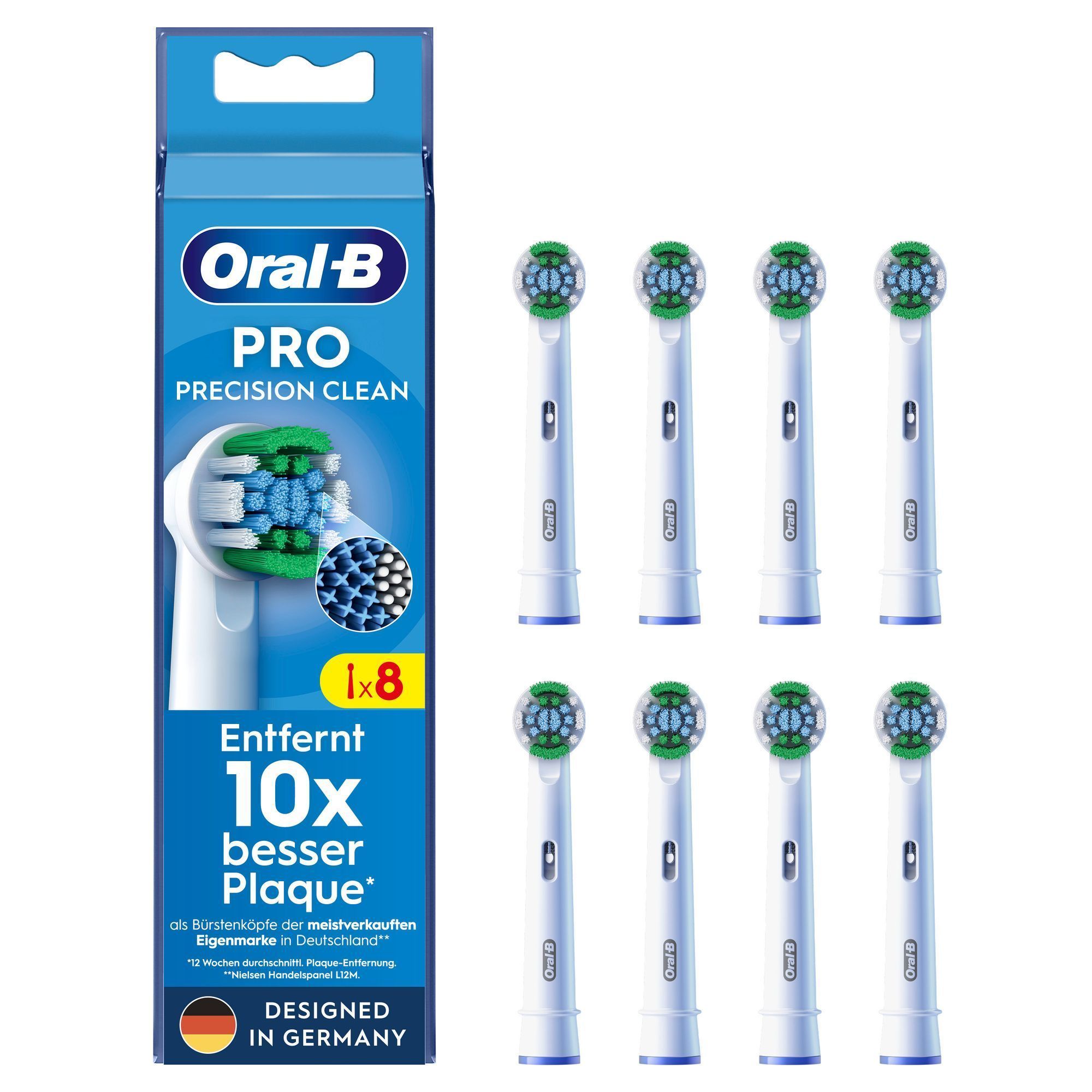 Oral-B Pro Precision Clean Aufsteckbürsten, 8 Stück, Verpackung mit dem Hinweis "Entfernt 10x besser Plaque".