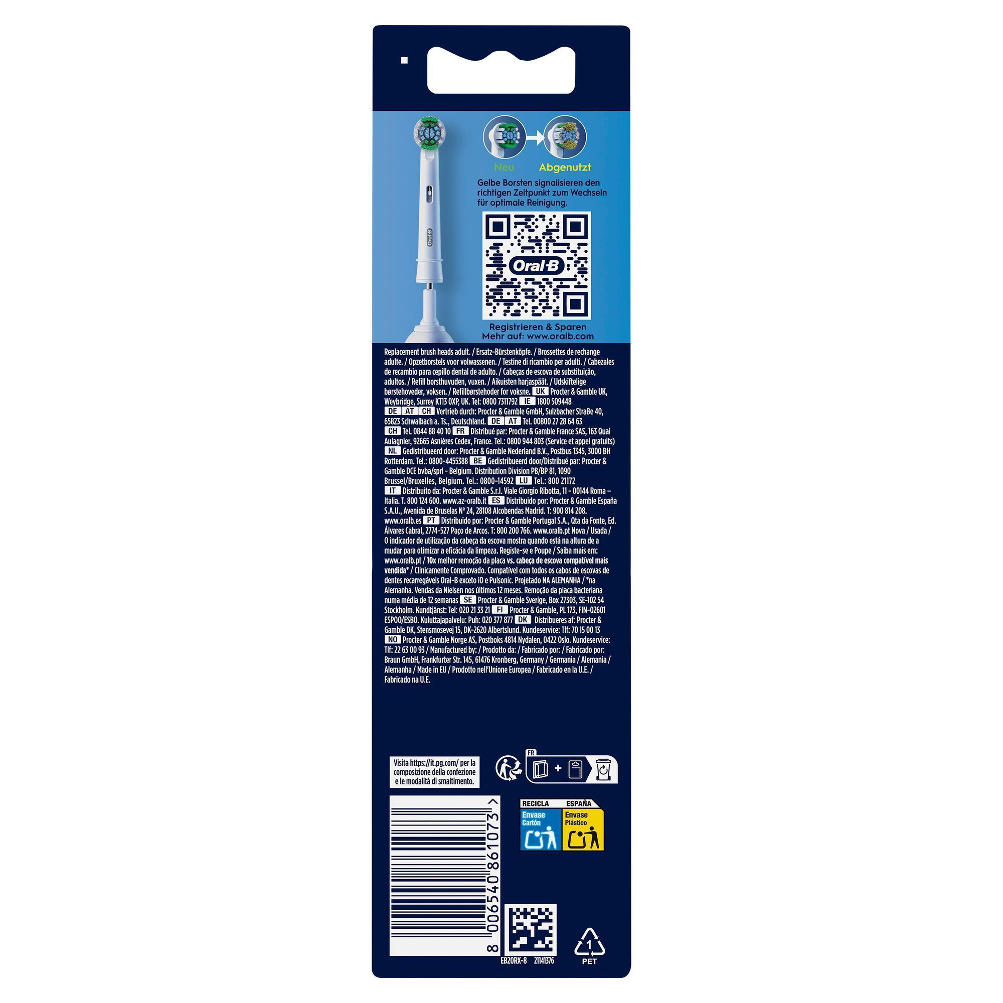 Oral-B Aufsteckbürsten-Verpackung, die hervorhebt, dass gelbe Borsten den richtigen Zeitpunkt zum Wechseln für optimale Reinigung signalisieren.