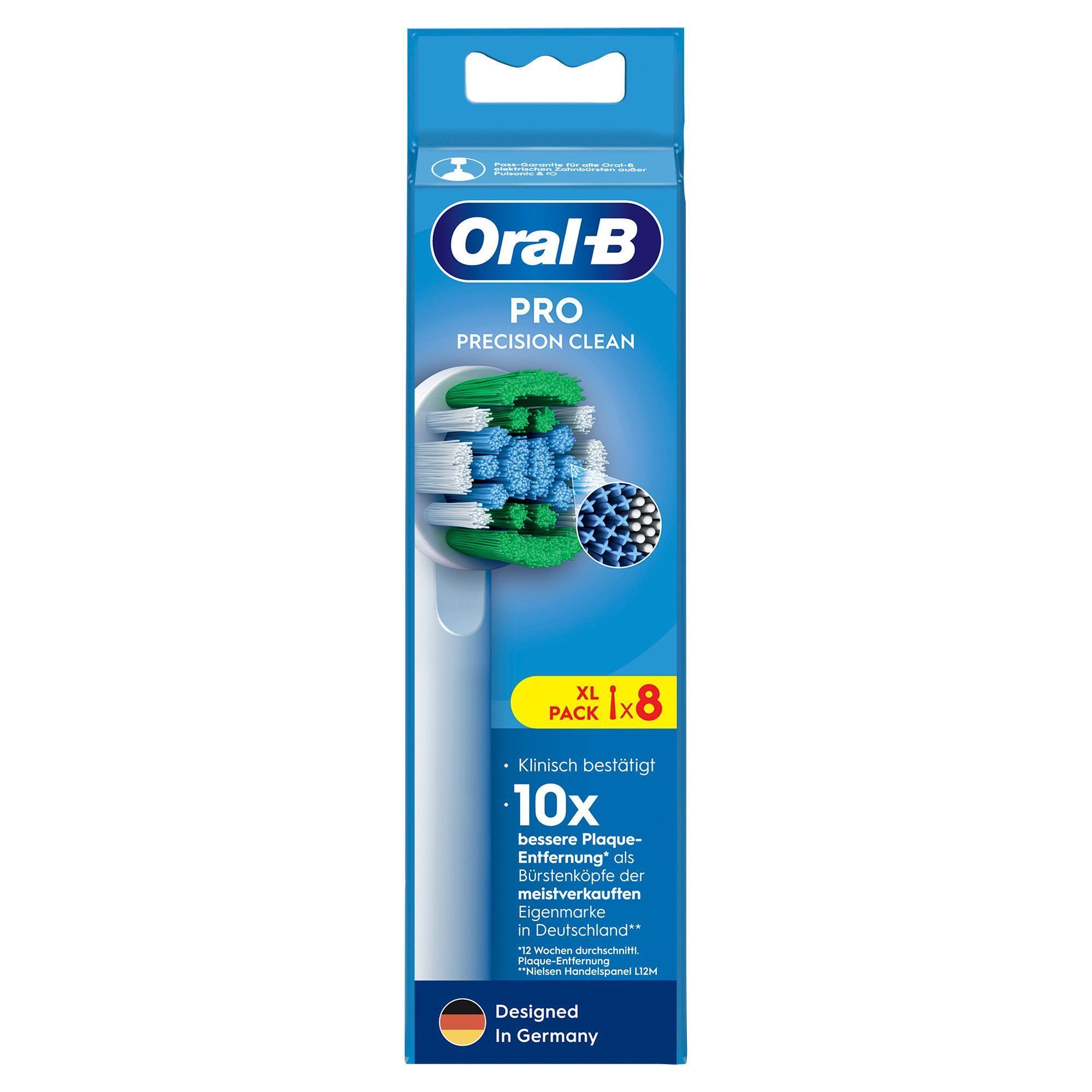 Oral-B PRO Precision Clean Aufsteckbürsten, XL Pack mit 8 Stück, mit der Aussage "10x bessere Plaque-Entfernung".