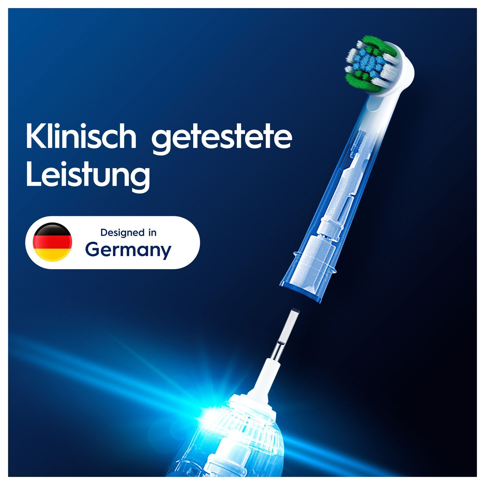 Oral-B Zahnbürste, Röntgenansicht, die klinisch getestete Leistung und das Design aus Deutschland hervorhebt.