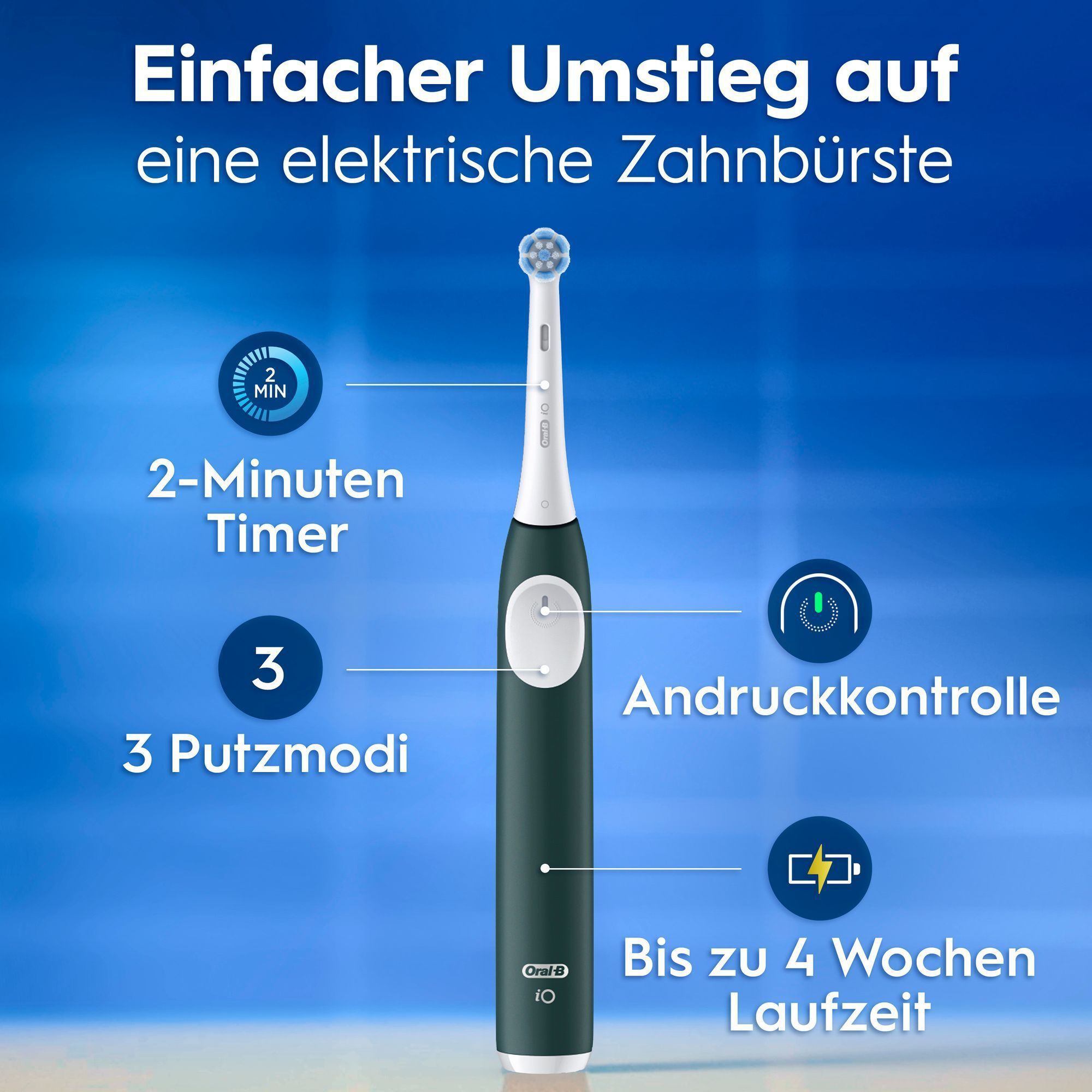 Elektrische Zahnbürste mit 2-Minuten Timer, 3 Putzmodi, Andruckkontrolle und 4 Wochen Laufzeit.